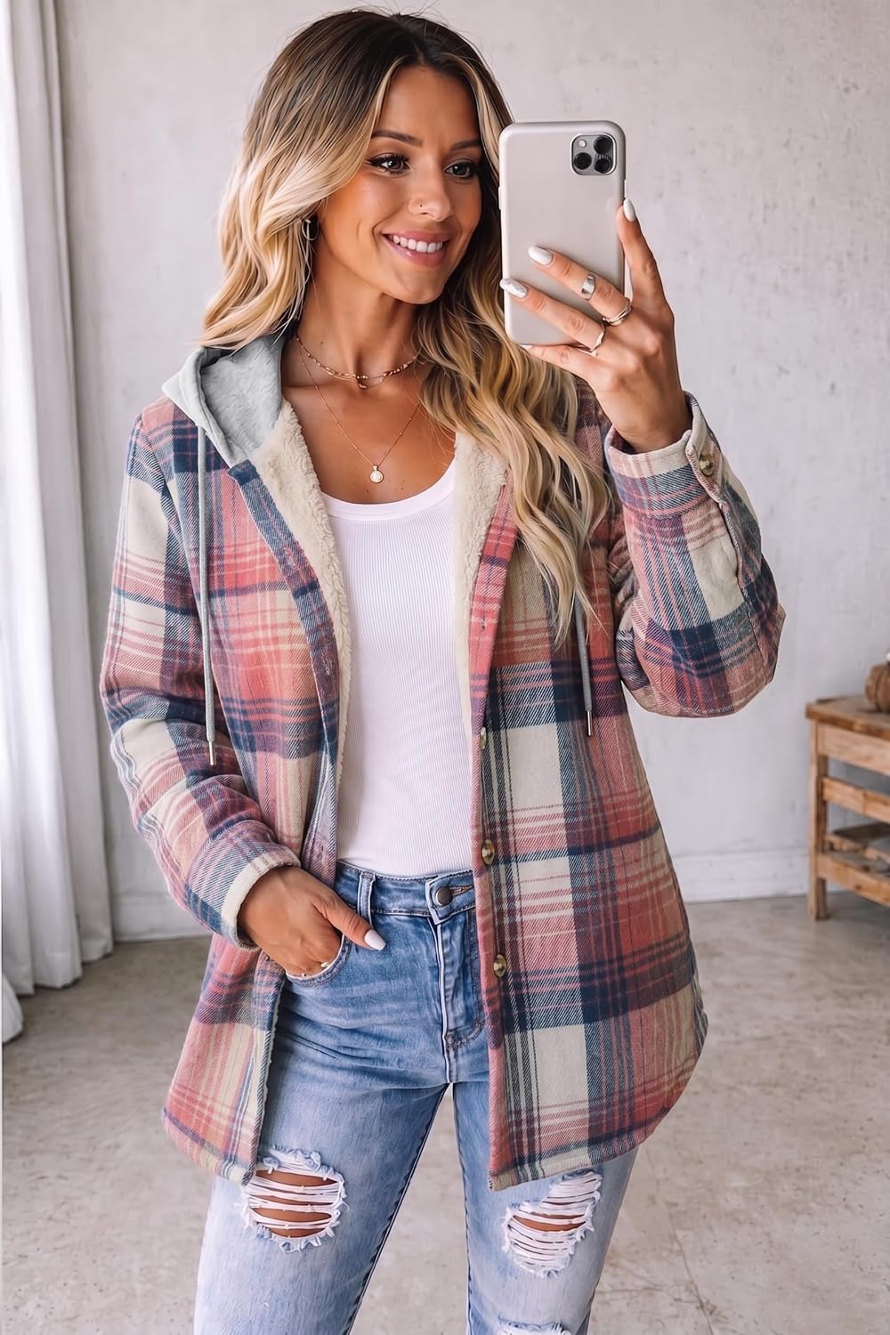 image:imageZeagoo Women Plaid Shacket Fleece Hooded Winter Coat Warm JacketsPink