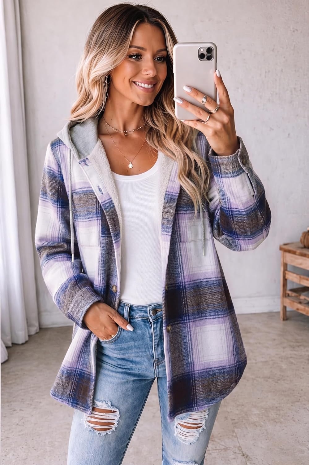 image:imageZeagoo Women Plaid Shacket Fleece Hooded Winter Coat Warm JacketsPurple