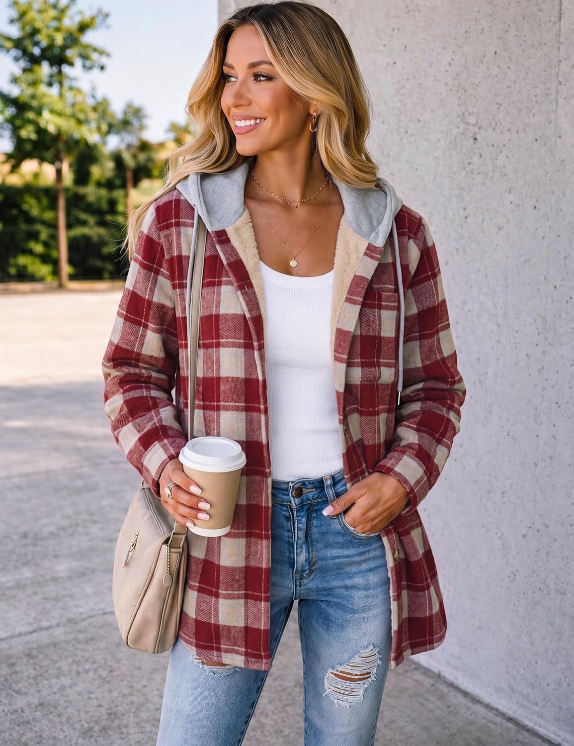 image:imageZeagoo Women Plaid Shacket Fleece Hooded Winter Coat Warm JacketsRed