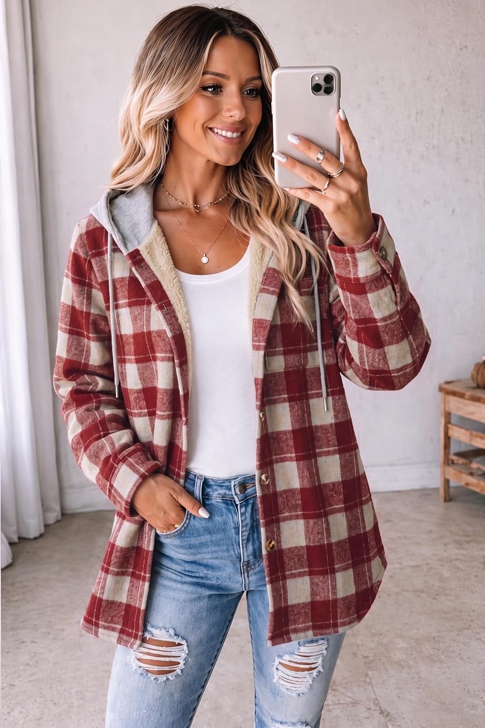 image:imageZeagoo Women Plaid Shacket Fleece Hooded Winter Coat Warm JacketsRed