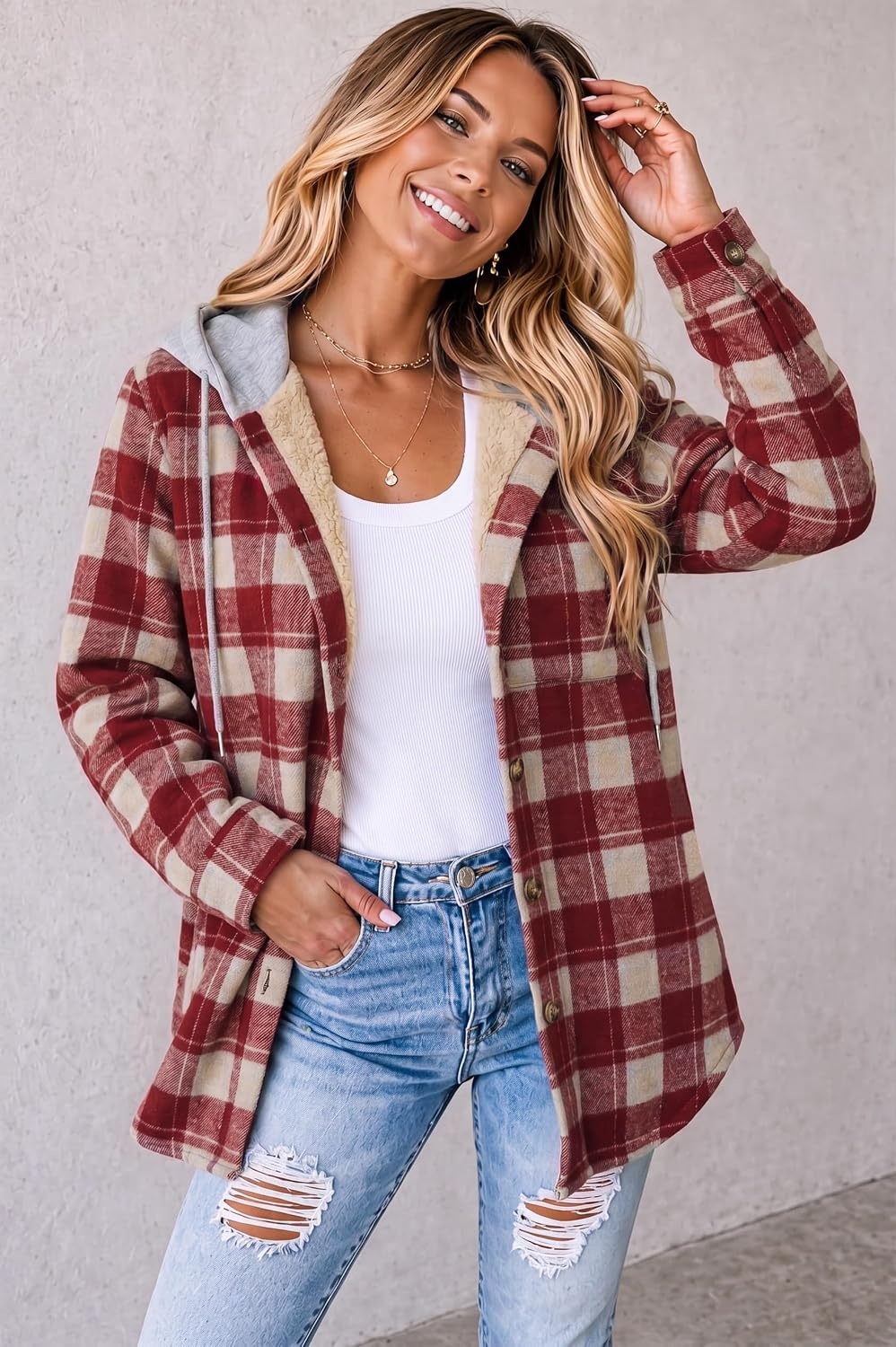 image:imageZeagoo Women Plaid Shacket Fleece Hooded Winter Coat Warm JacketsRed