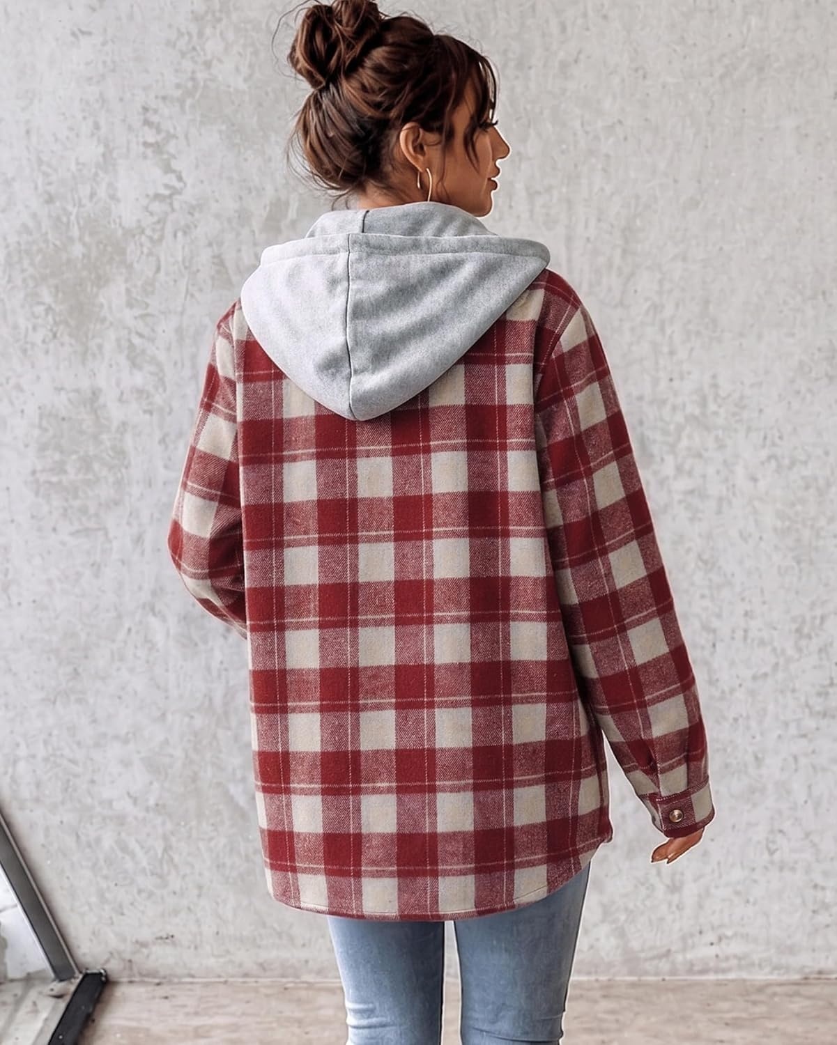 image:imageZeagoo Women Plaid Shacket Fleece Hooded Winter Coat Warm JacketsRed