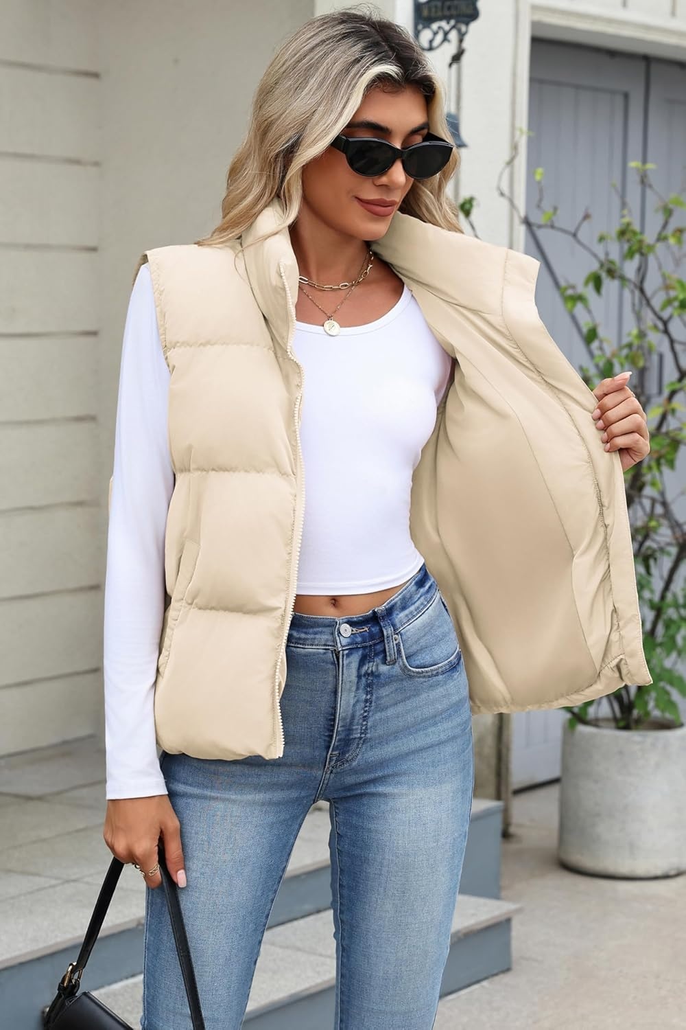 image:imageZeagoo Women Puffer Vest Cropped Winter Outerwear Warm CoatBeige