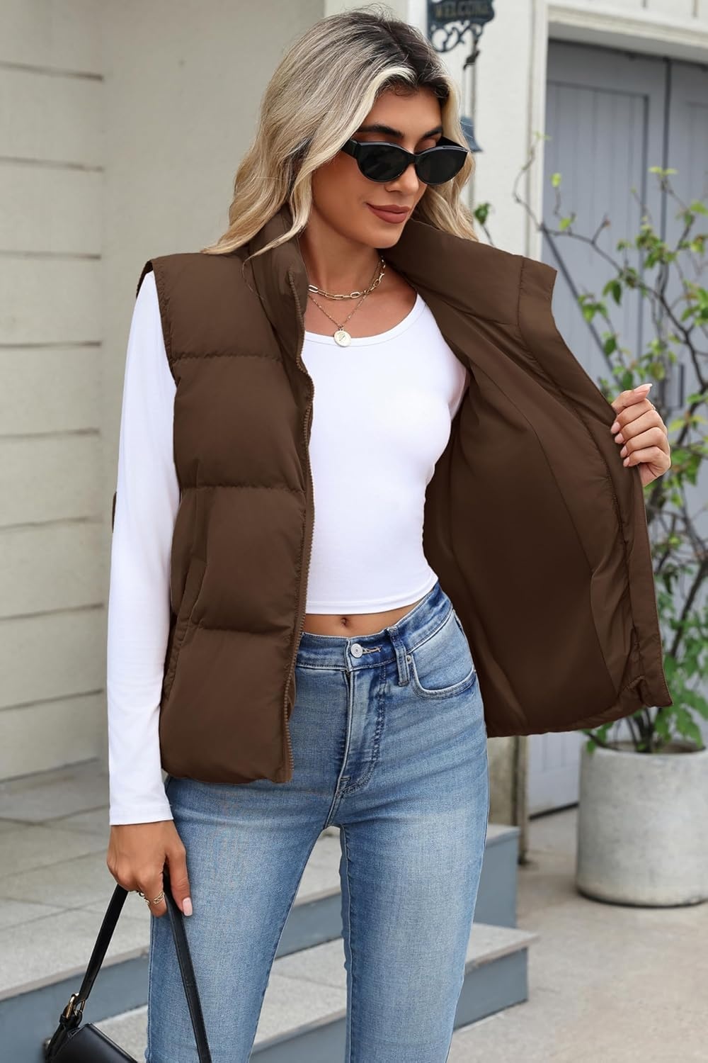 image:imageZeagoo Women Puffer Vest Cropped Winter Outerwear Warm CoatBrown