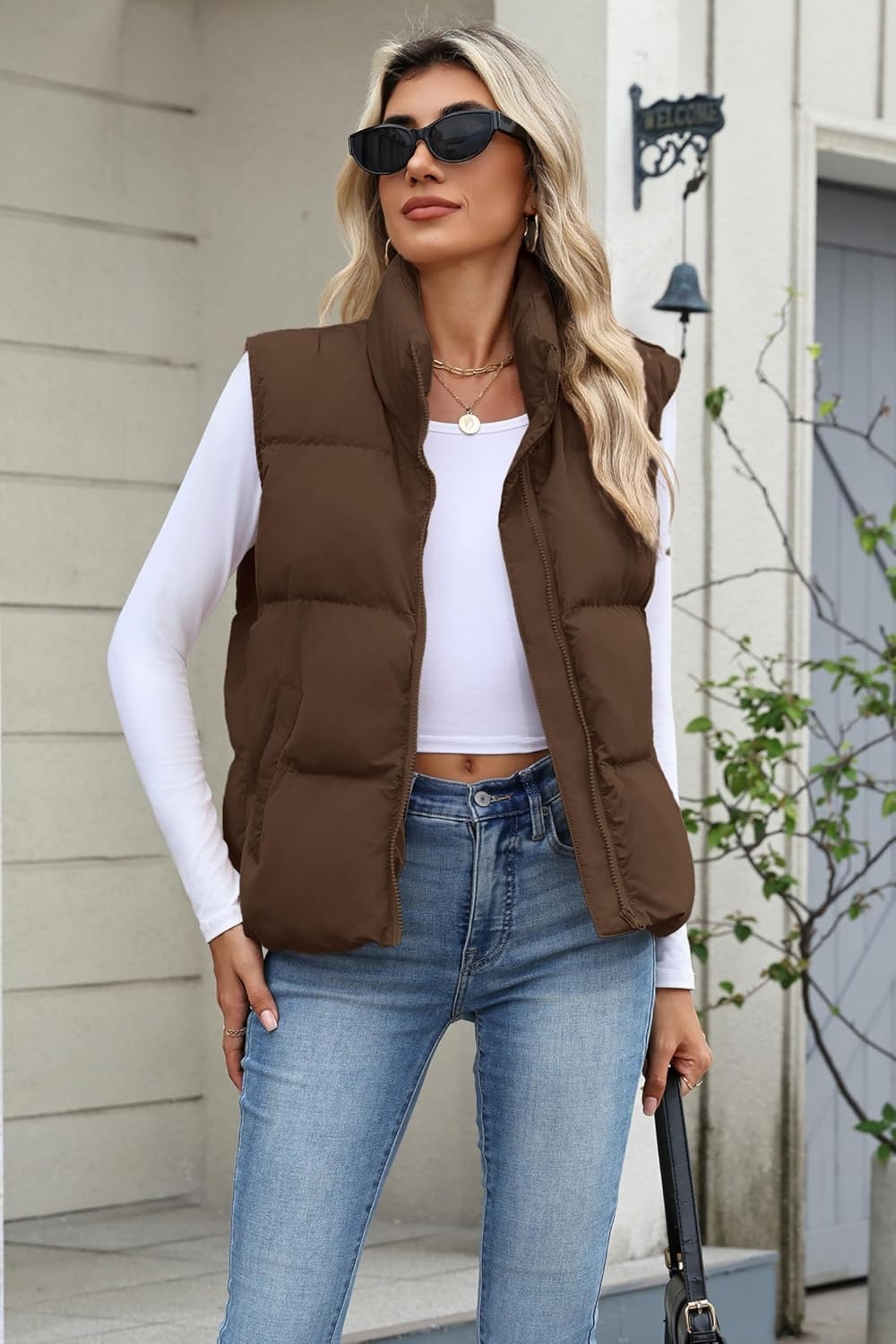 image:imageZeagoo Women Puffer Vest Cropped Winter Outerwear Warm CoatBrown