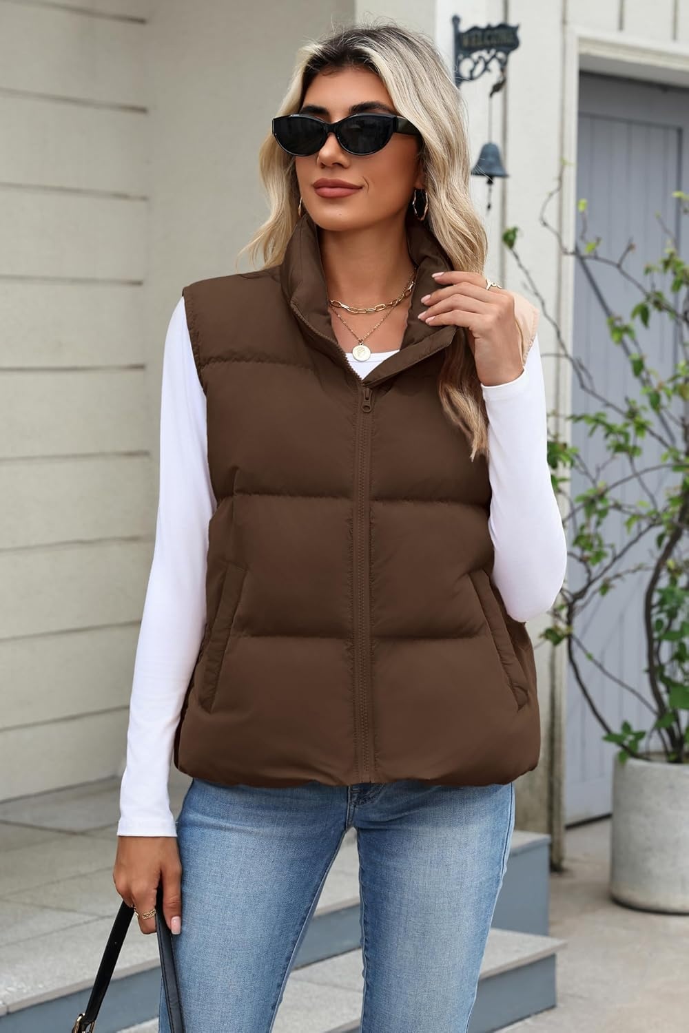 image:imageZeagoo Women Puffer Vest Cropped Winter Outerwear Warm CoatBrown