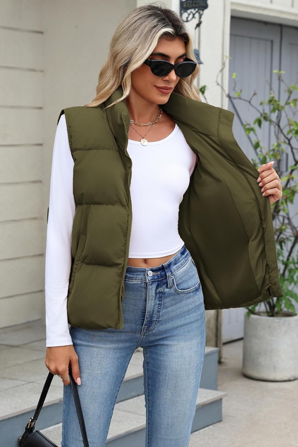 image:imageZeagoo Women Puffer Vest Cropped Winter Outerwear Warm CoatGreen