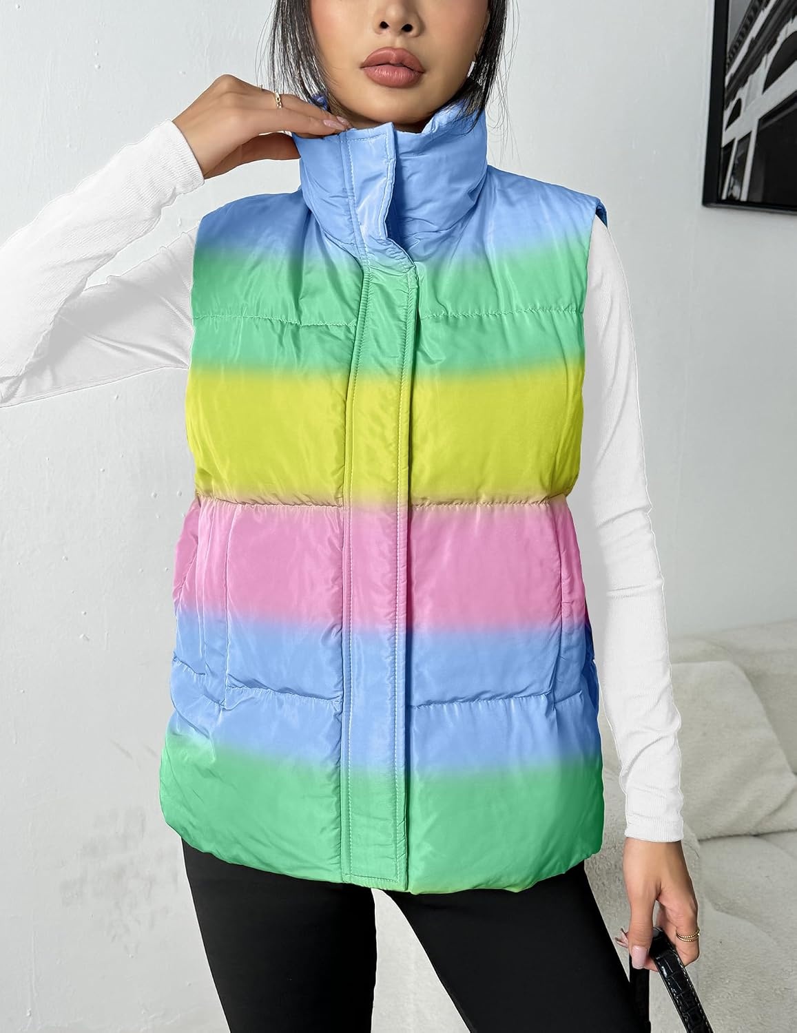 image:imageZeagoo Women Puffer Vest Lightweight Stand Collar Sleeveless Winter Warm Zip Up Padded Outerwear Jackets with Pockets SXXLBlue Yellow Pink