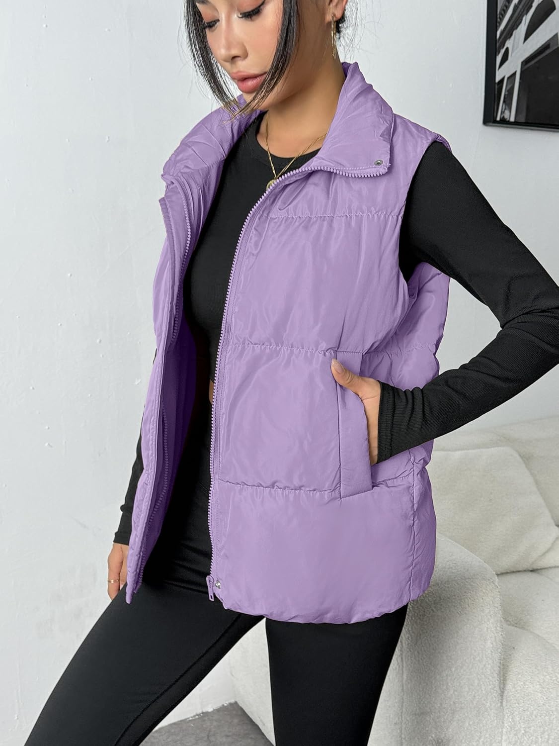 image:imageZeagoo Women Puffer Vest Lightweight Stand Collar Sleeveless Winter Warm Zip Up Padded Outerwear Jackets with Pockets SXXLLilac
