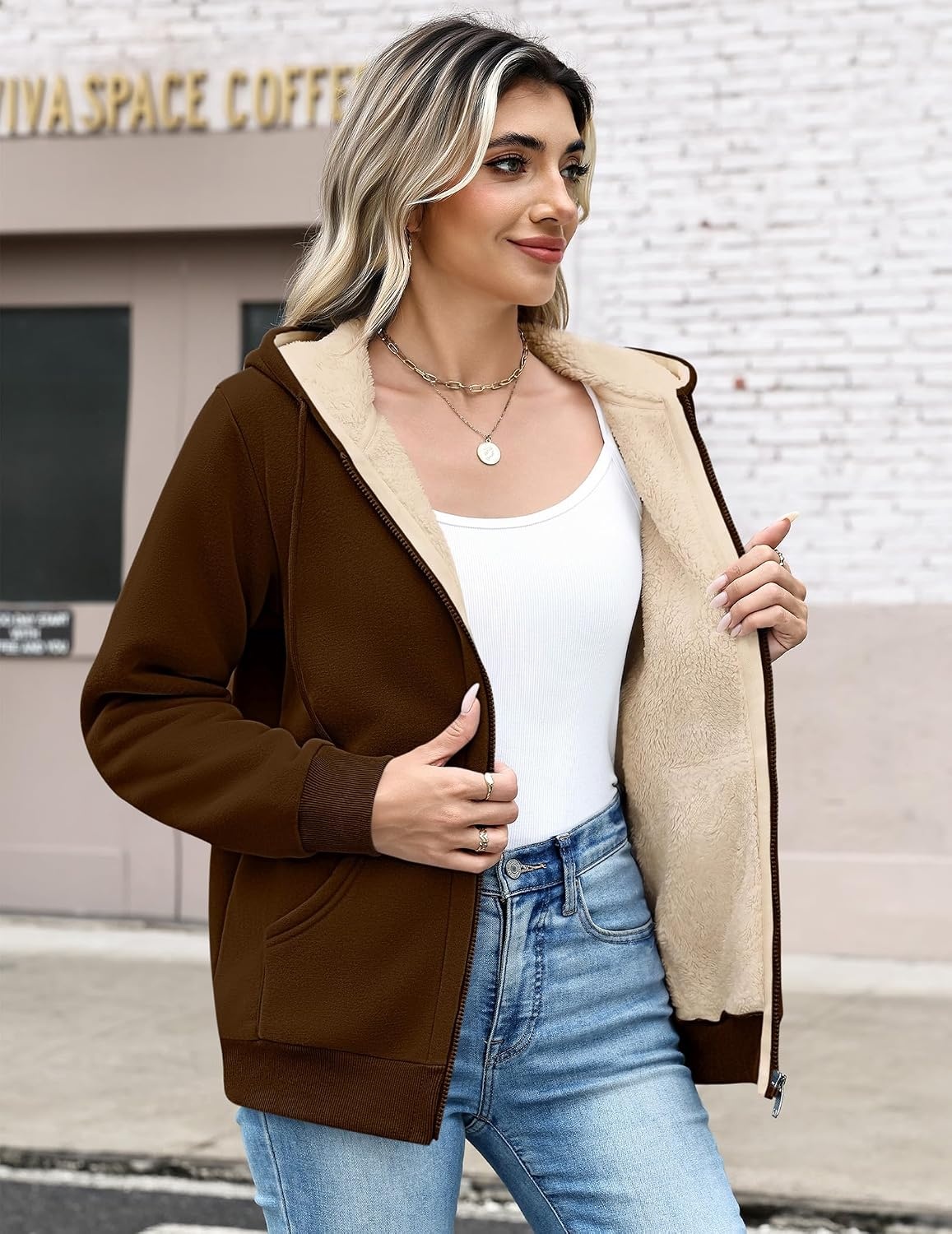 image:imageZeagoo Women Sherpa Fleece Jacket Zip Up Thick Warm Hoodie Fall Winter CoatBrown
