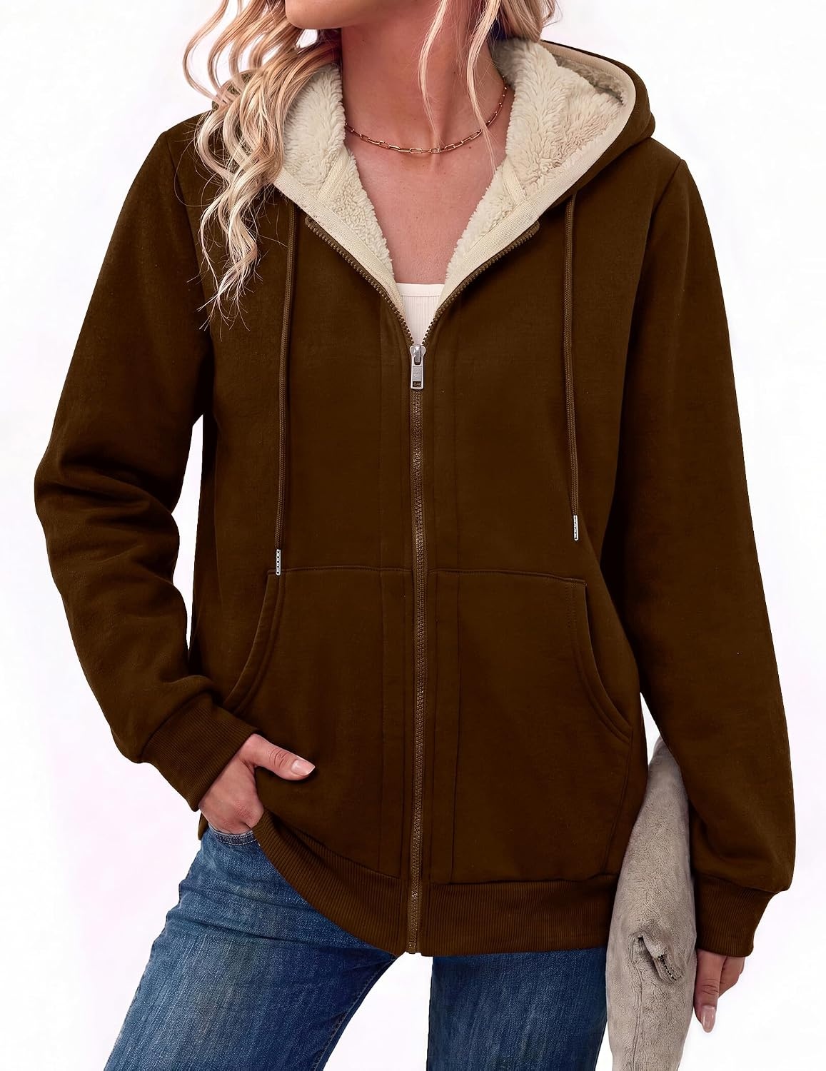 image:imageZeagoo Women Sherpa Fleece Jacket Zip Up Thick Warm Hoodie Fall Winter CoatBrown