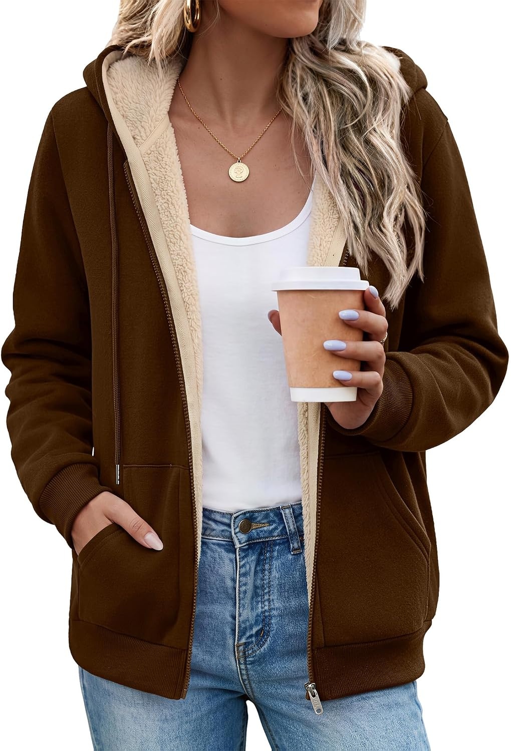 image:imageZeagoo Women Sherpa Fleece Jacket Zip Up Thick Warm Hoodie Fall Winter CoatBrown