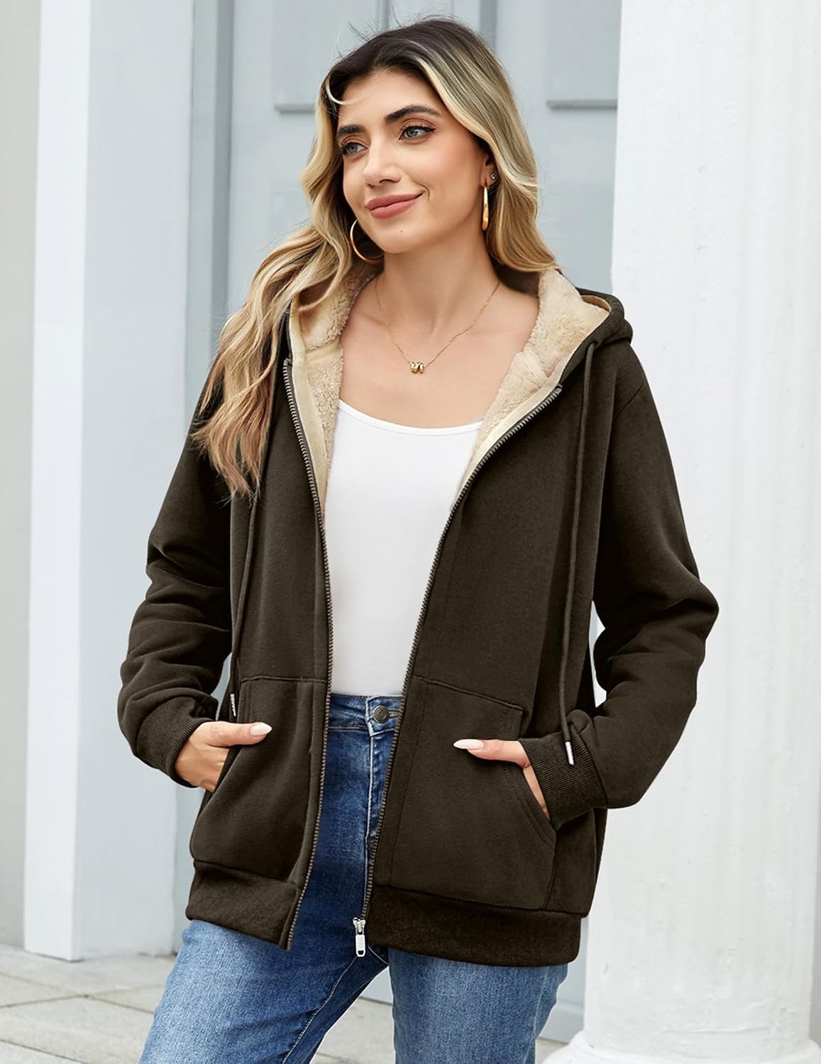 image:imageZeagoo Women Sherpa Fleece Jacket Zip Up Thick Warm Hoodie Fall Winter CoatCoffeegrey