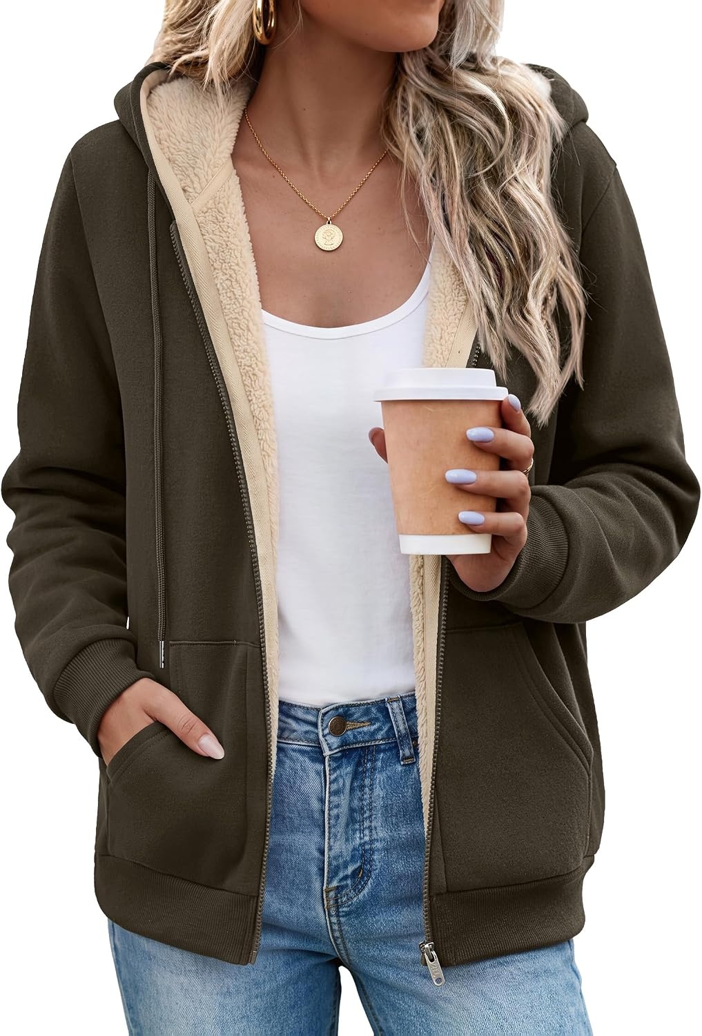 image:imageZeagoo Women Sherpa Fleece Jacket Zip Up Thick Warm Hoodie Fall Winter CoatCoffeegrey