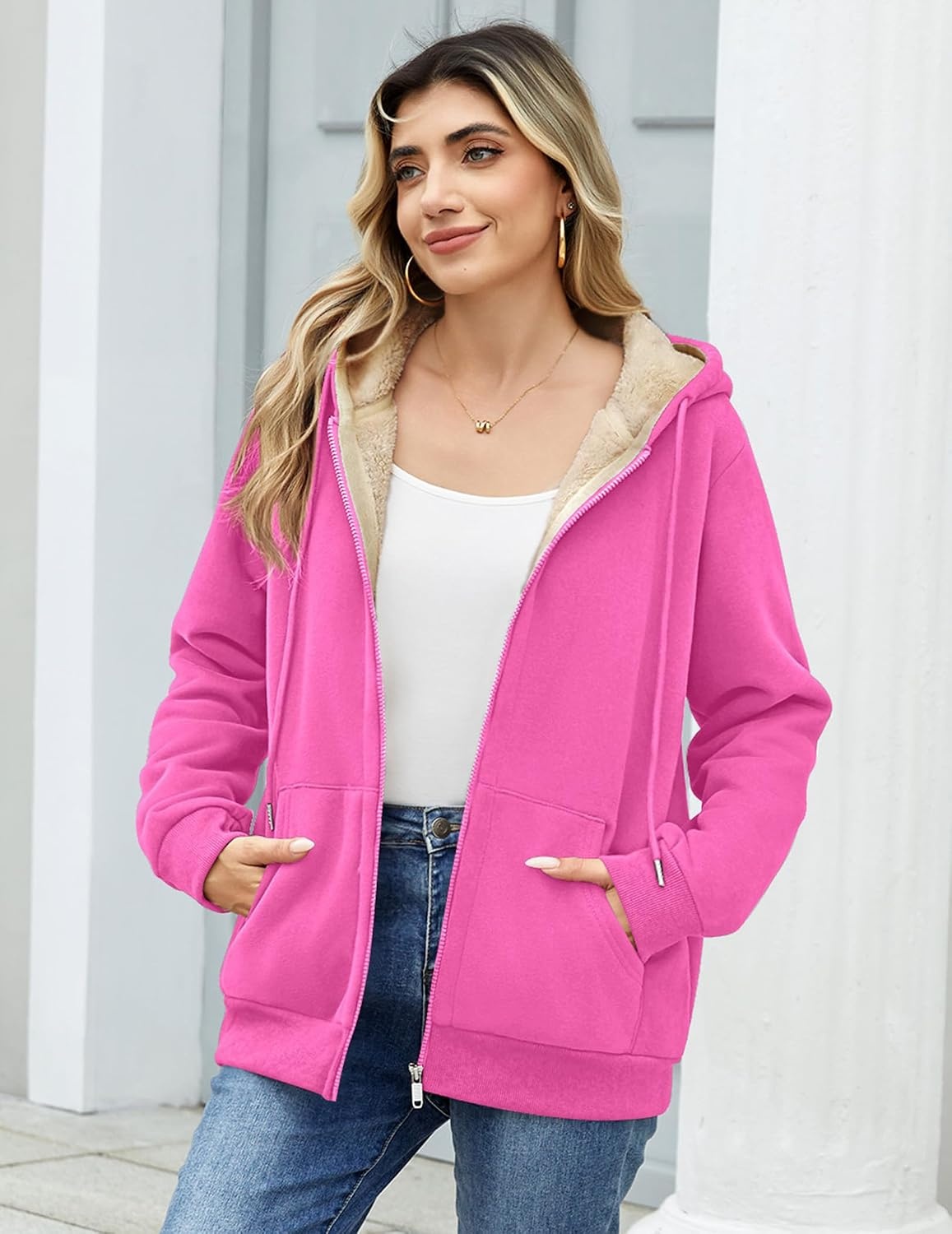 image:imageZeagoo Women Sherpa Fleece Jacket Zip Up Thick Warm Hoodie Fall Winter CoatRose Red