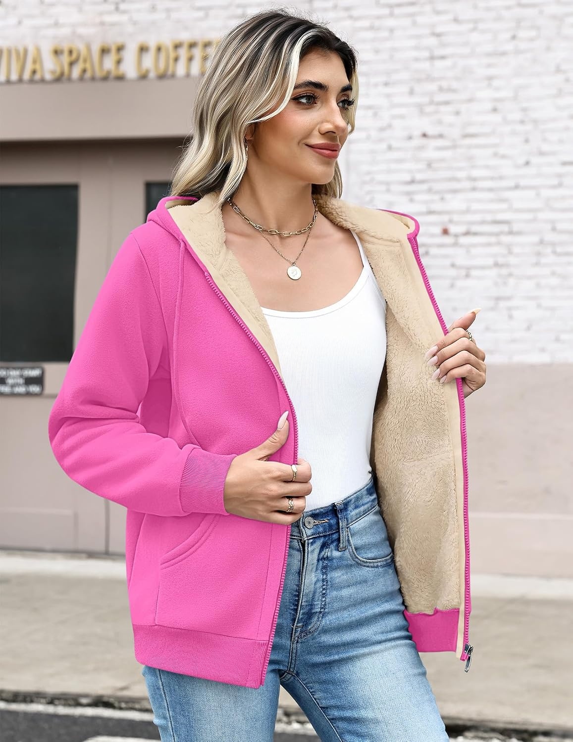 image:imageZeagoo Women Sherpa Fleece Jacket Zip Up Thick Warm Hoodie Fall Winter CoatRose Red