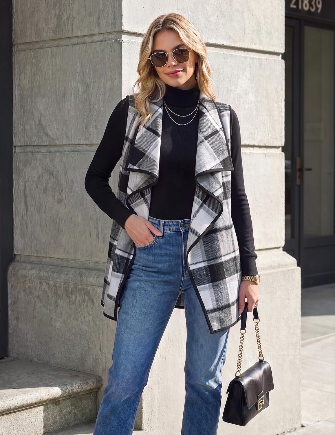 image:imageZeagoo Women Vest Long Plaid Jackets Sleeveless Flannel Coats with PocketsBlackgz800