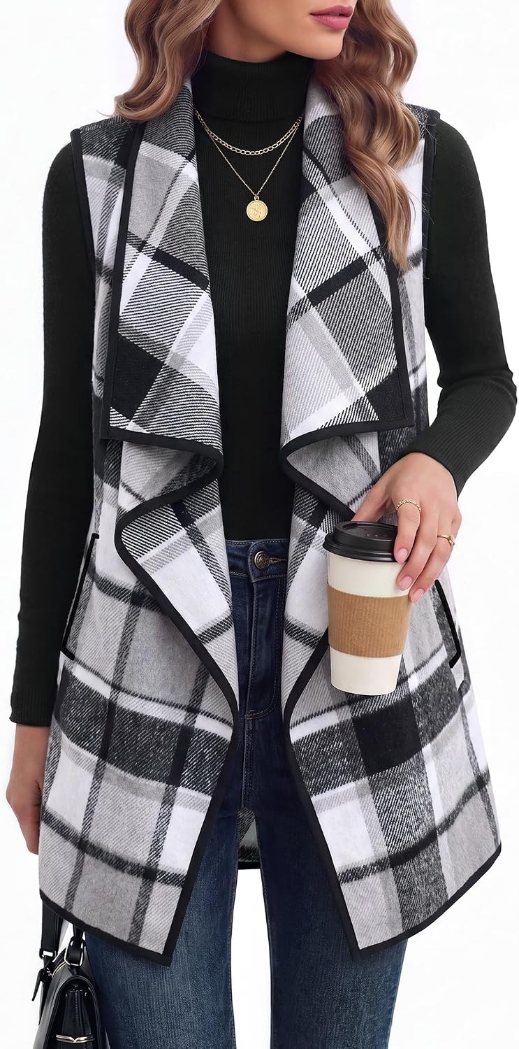 image:imageZeagoo Women Vest Long Plaid Jackets Sleeveless Flannel Coats with PocketsBlackgz800
