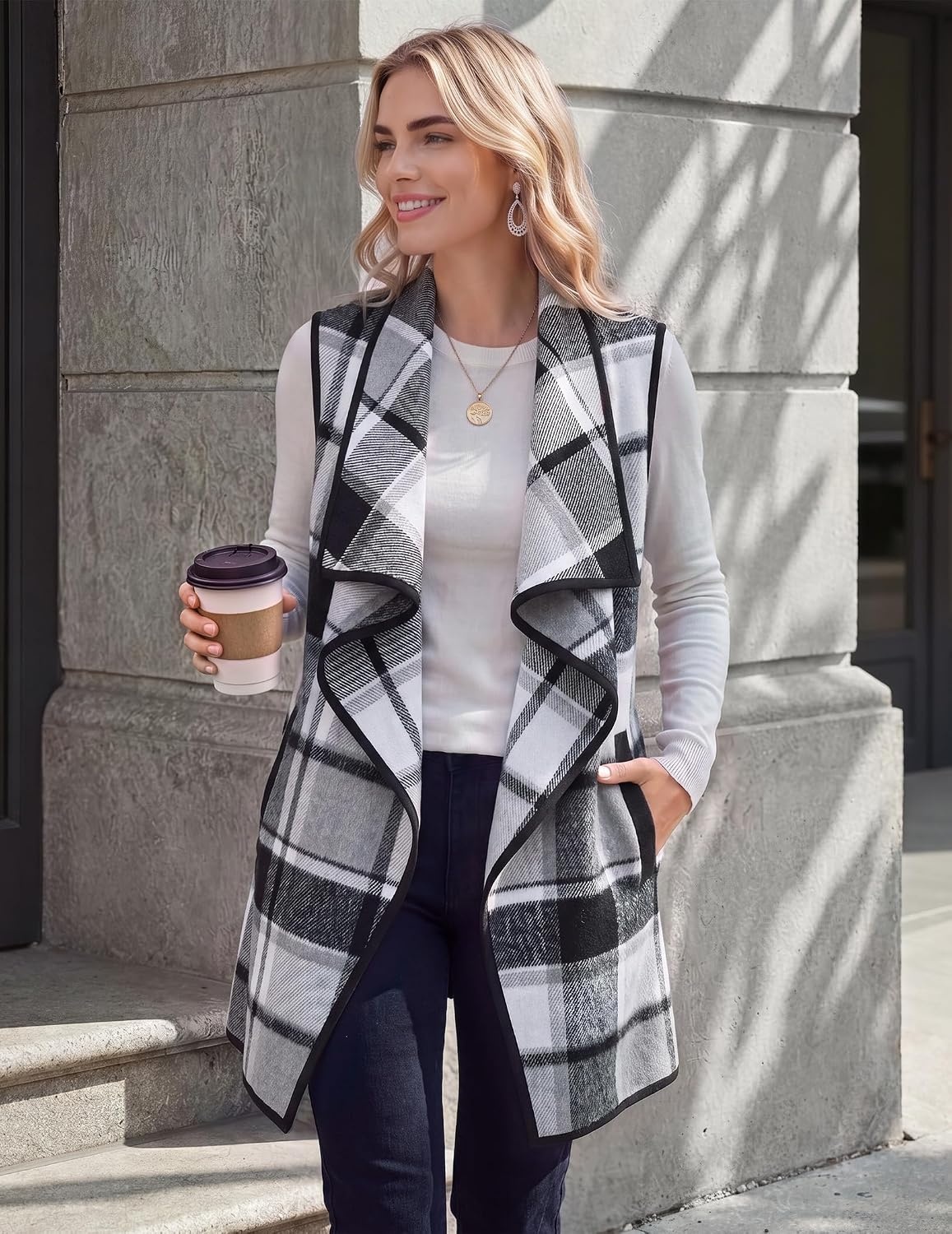 image:imageZeagoo Women Vest Long Plaid Jackets Sleeveless Flannel Coats with PocketsBlackgz800