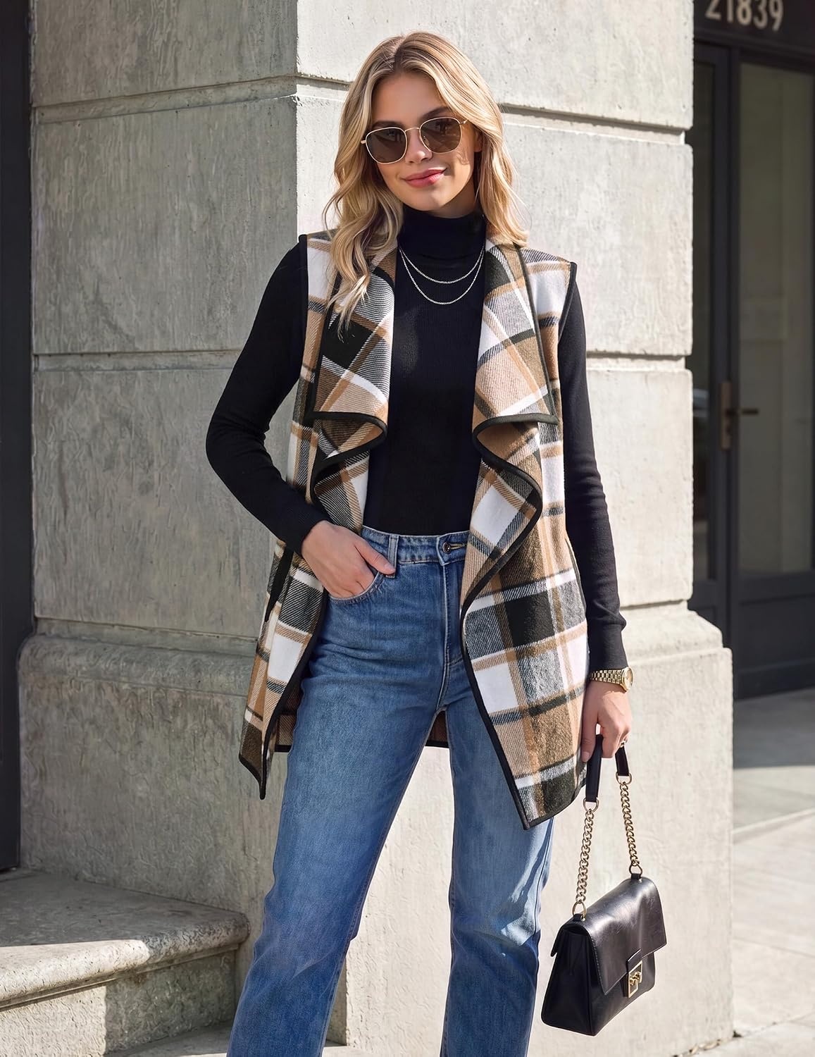 image:imageZeagoo Women Vest Long Plaid Jackets Sleeveless Flannel Coats with PocketsBrowngz794