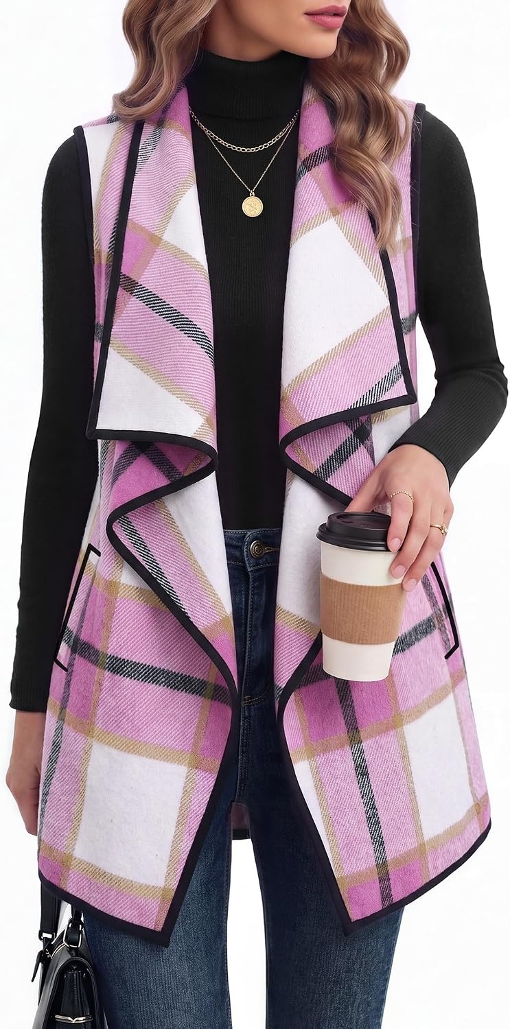 image:imageZeagoo Women Vest Long Plaid Jackets Sleeveless Flannel Coats with PocketsHot Pinkgz795