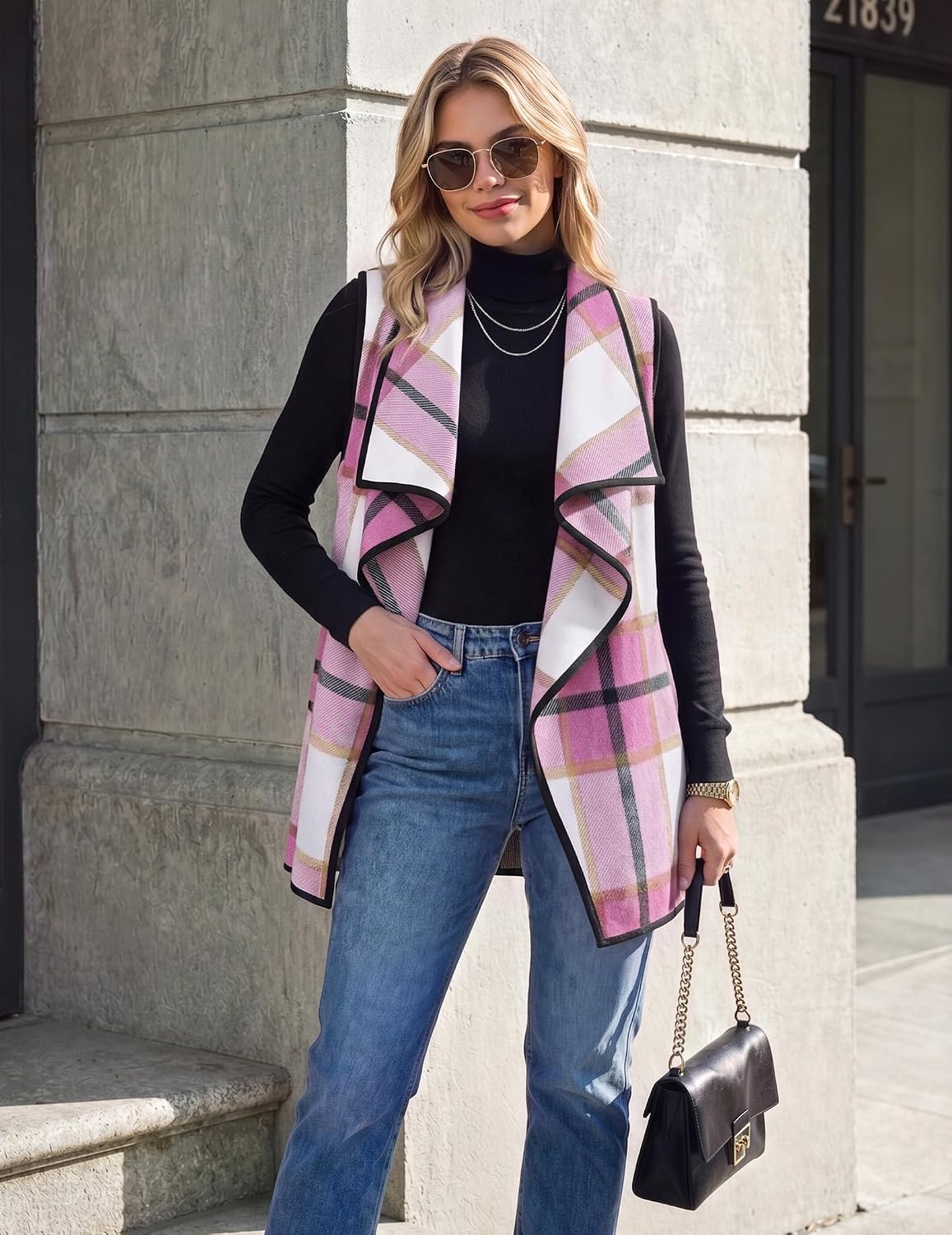 image:imageZeagoo Women Vest Long Plaid Jackets Sleeveless Flannel Coats with PocketsHot Pinkgz795