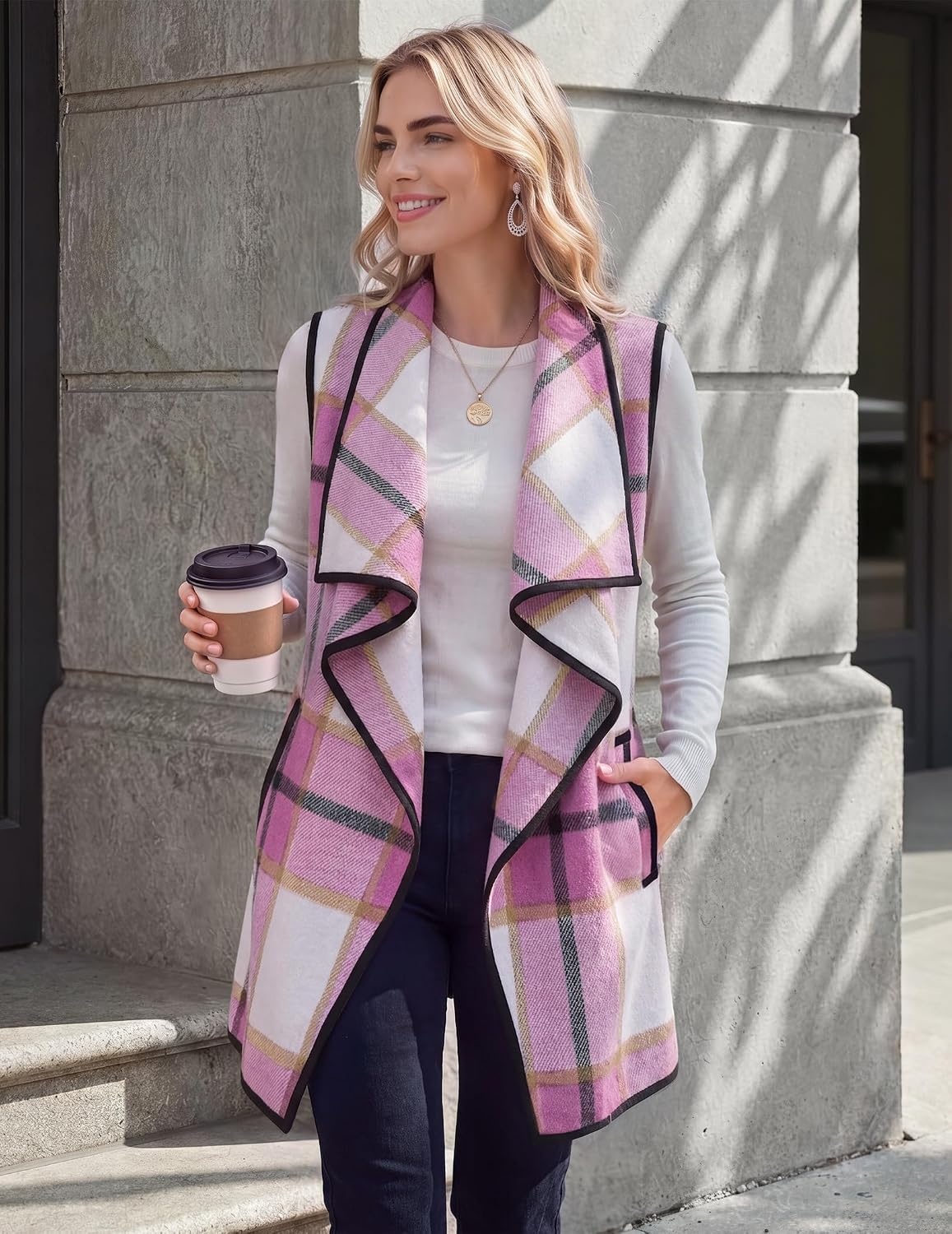 image:imageZeagoo Women Vest Long Plaid Jackets Sleeveless Flannel Coats with PocketsHot Pinkgz795