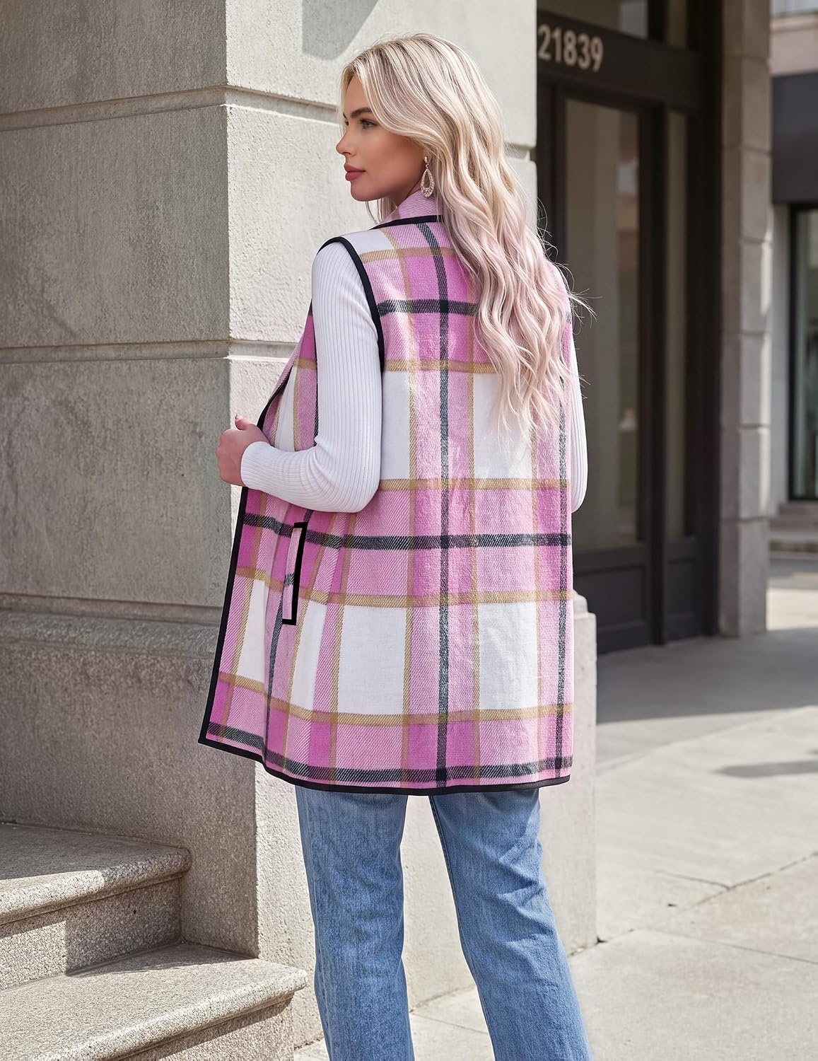 image:imageZeagoo Women Vest Long Plaid Jackets Sleeveless Flannel Coats with PocketsHot Pinkgz795