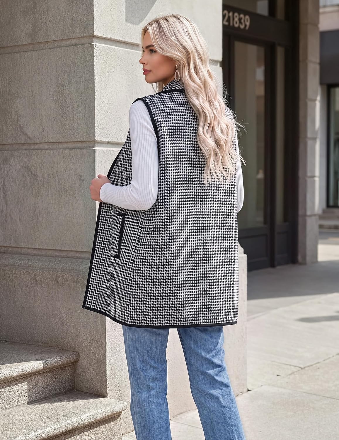 image:imageZeagoo Women Vest Long Plaid Jackets Sleeveless Flannel Coats with PocketsHoundstoothjh275