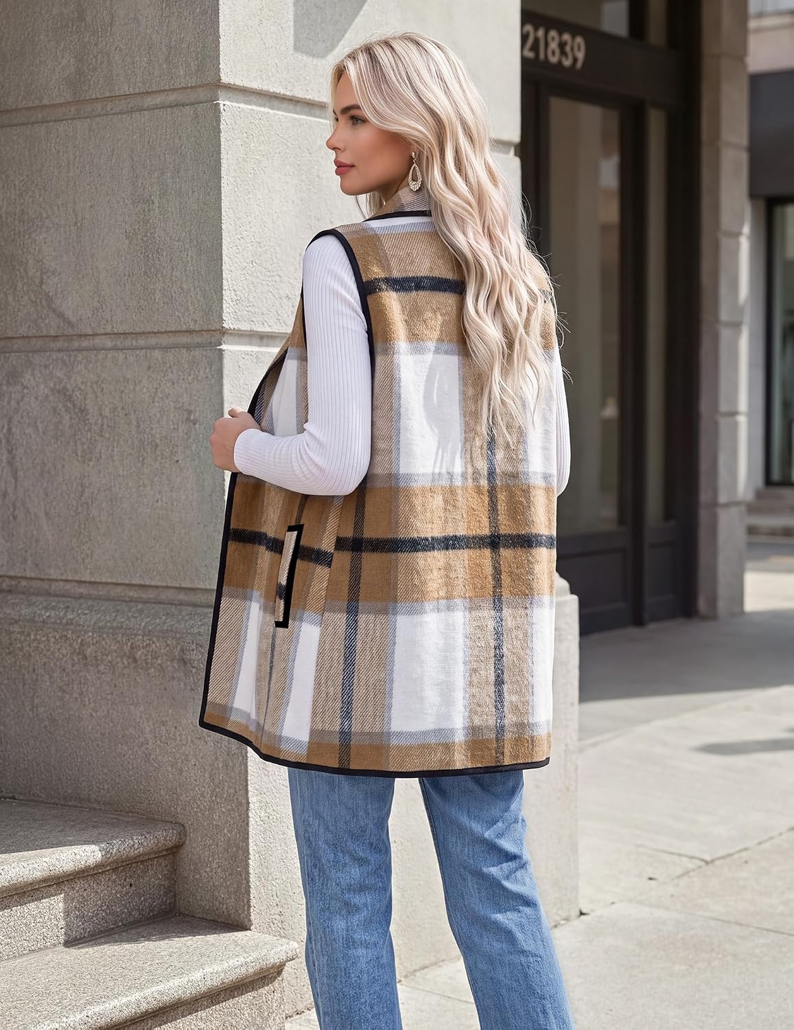 image:imageZeagoo Women Vest Long Plaid Jackets Sleeveless Flannel Coats with PocketsKhakigz554