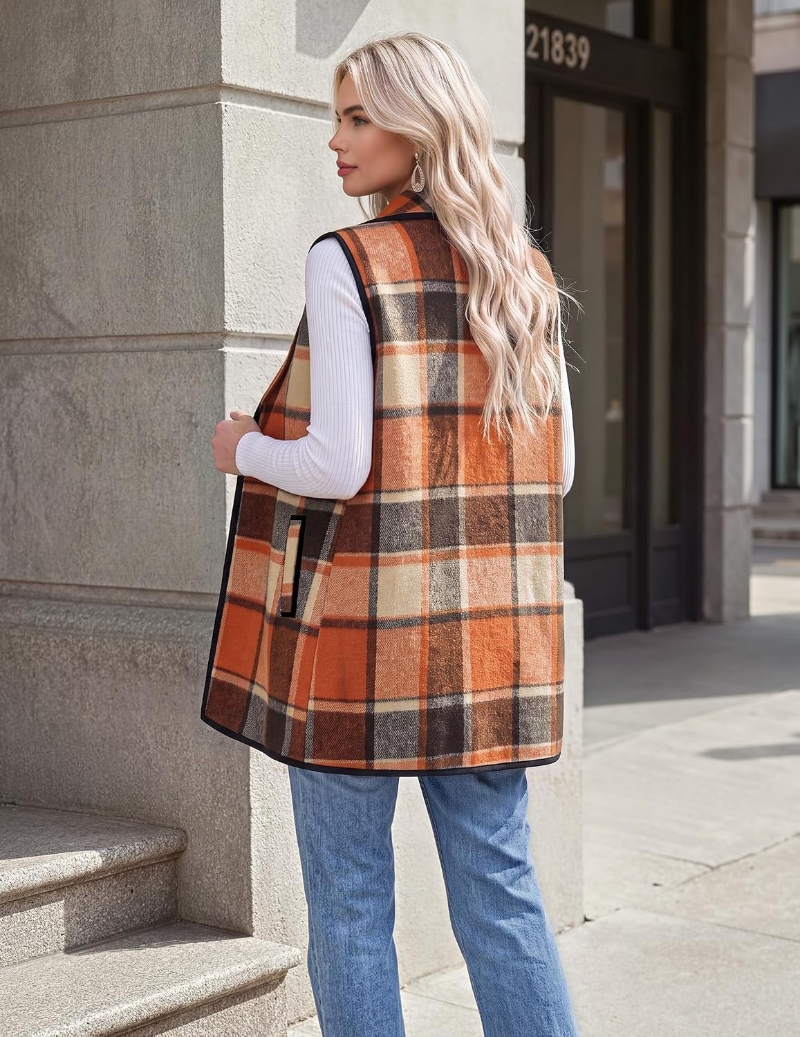 image:imageZeagoo Women Vest Long Plaid Jackets Sleeveless Flannel Coats with PocketsOrangegz526
