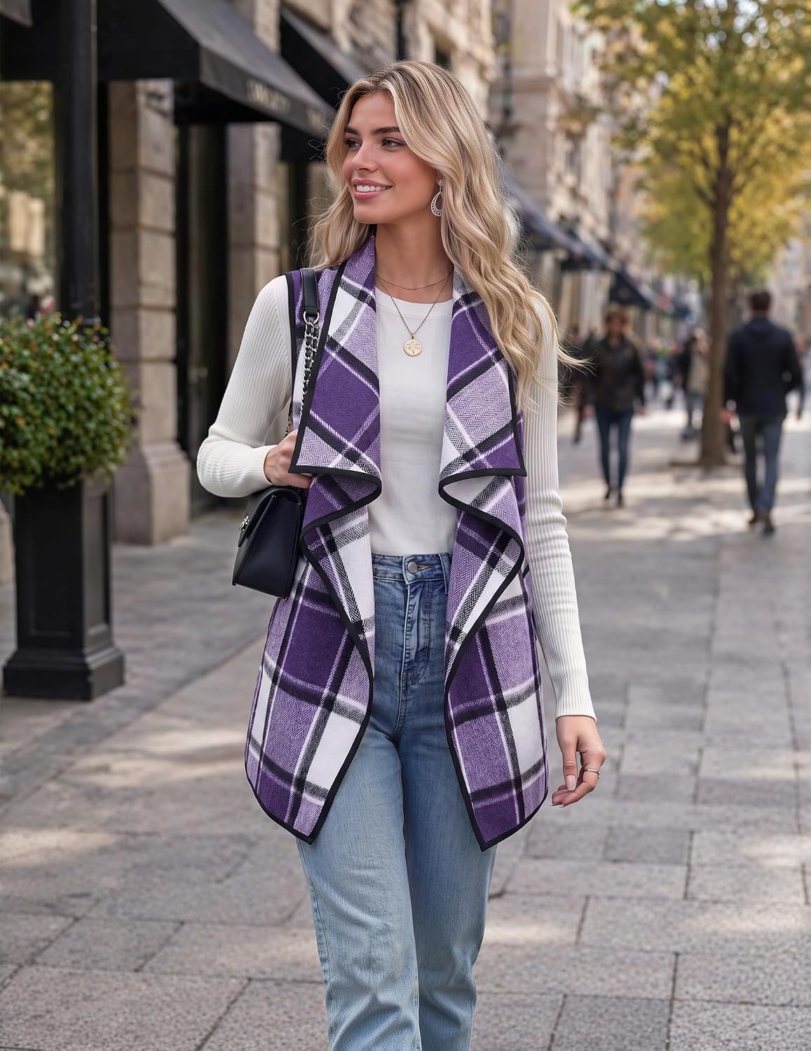 image:imageZeagoo Women Vest Long Plaid Jackets Sleeveless Flannel Coats with PocketsPurplegz663