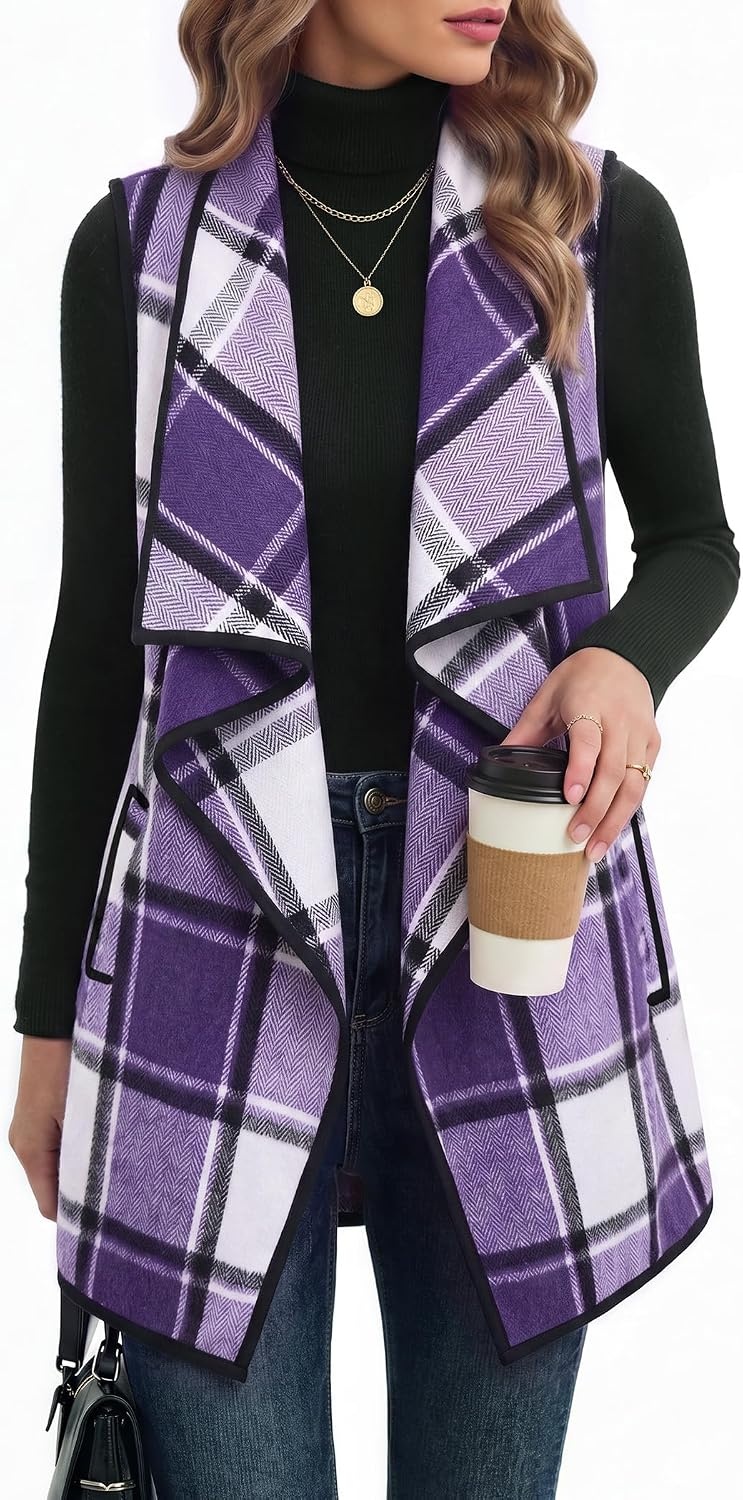 image:imageZeagoo Women Vest Long Plaid Jackets Sleeveless Flannel Coats with PocketsPurplegz663