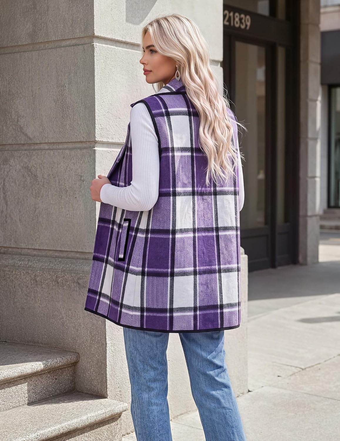 image:imageZeagoo Women Vest Long Plaid Jackets Sleeveless Flannel Coats with PocketsPurplegz663