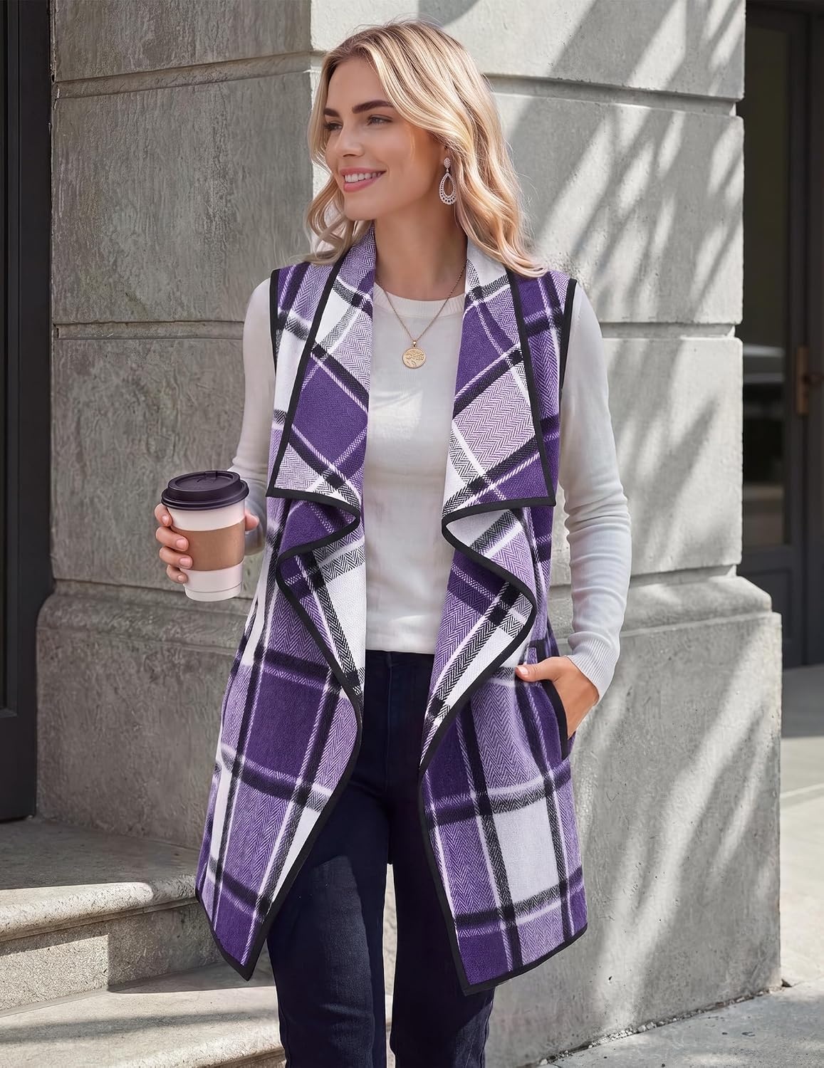 image:imageZeagoo Women Vest Long Plaid Jackets Sleeveless Flannel Coats with PocketsPurplegz663