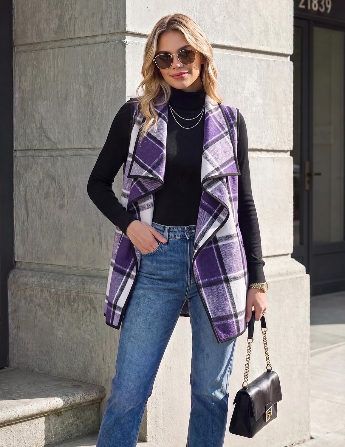 image:imageZeagoo Women Vest Long Plaid Jackets Sleeveless Flannel Coats with PocketsPurplegz663