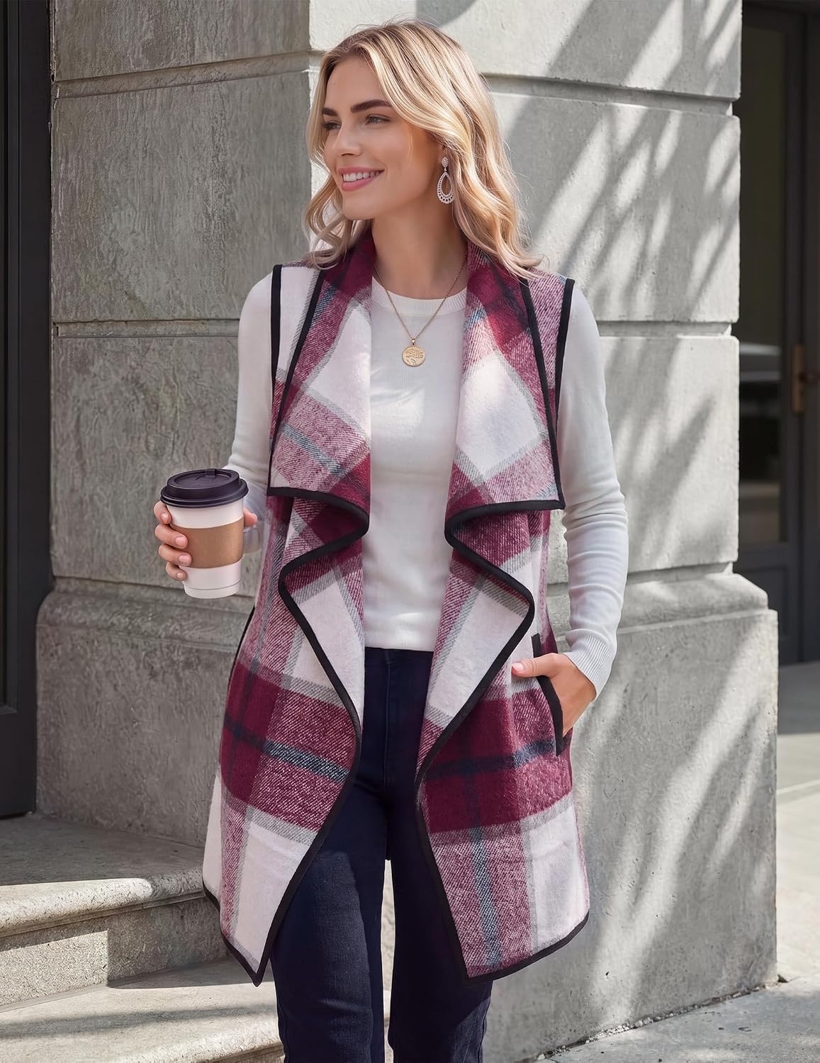 image:imageZeagoo Women Vest Long Plaid Jackets Sleeveless Flannel Coats with PocketsRedgz543