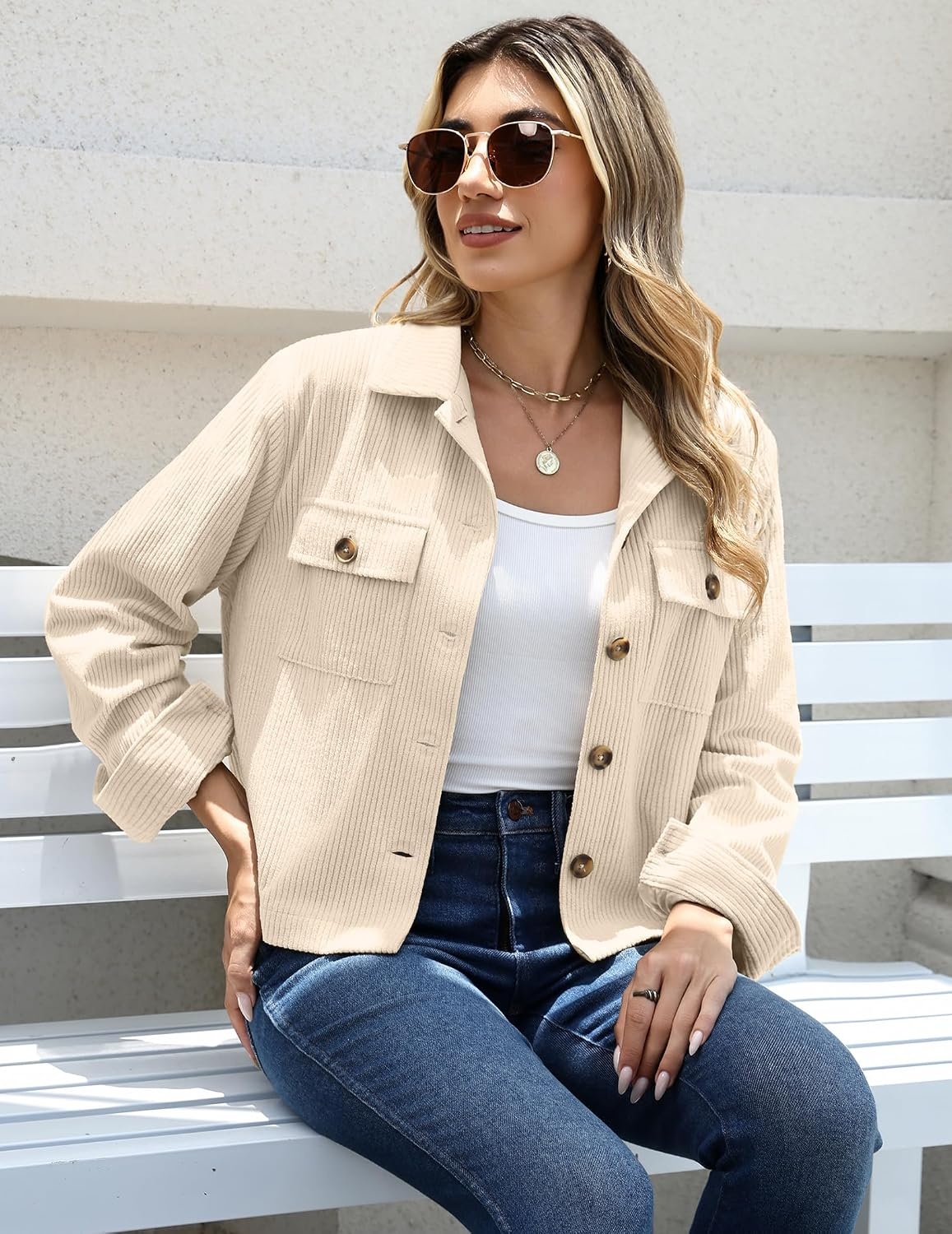 image:imageZeagoo Womens Fashion Cropped Jacket Corduroy Button Down Long Sleeve CoatsApricot