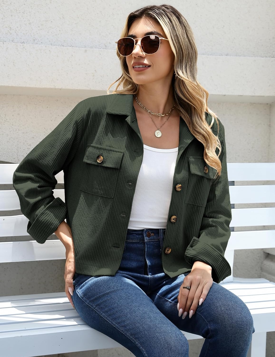 image:imageZeagoo Womens Fashion Cropped Jacket Corduroy Button Down Long Sleeve CoatsArmy Green