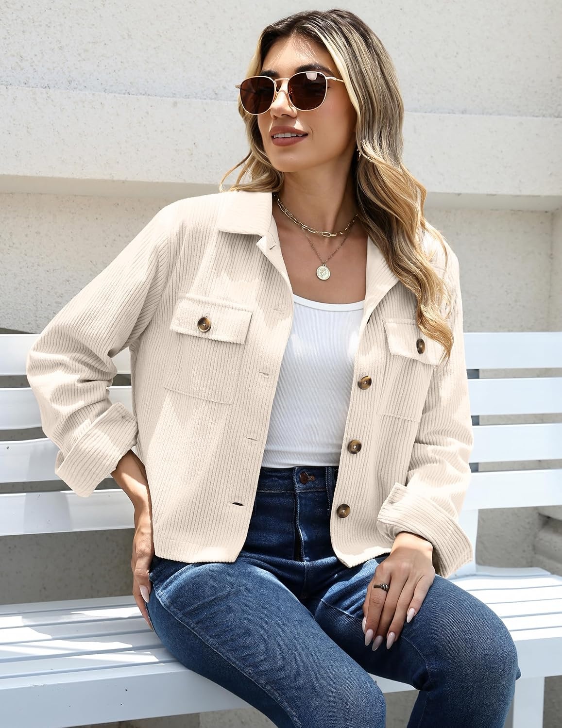image:imageZeagoo Womens Fashion Cropped Jacket Corduroy Button Down Long Sleeve CoatsBeige