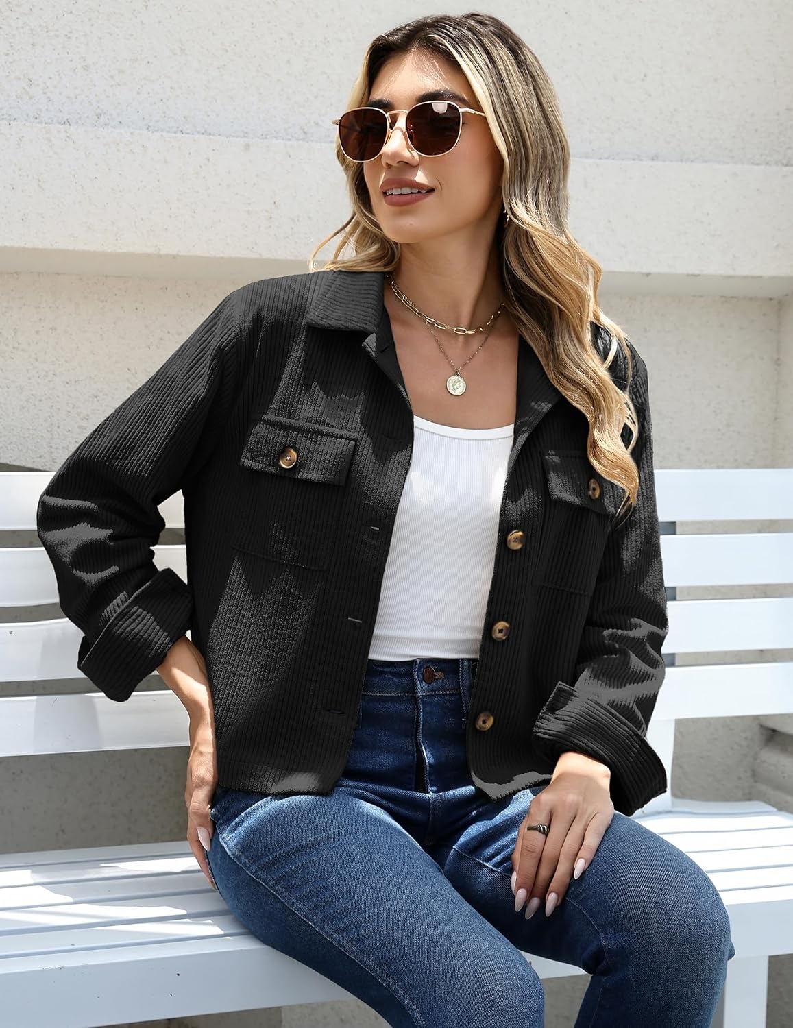 image:imageZeagoo Womens Fashion Cropped Jacket Corduroy Button Down Long Sleeve CoatsBlack