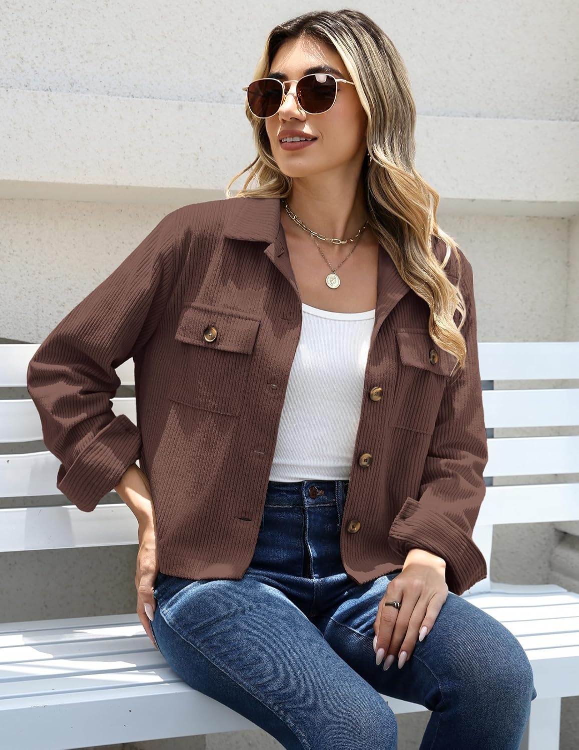 image:imageZeagoo Womens Fashion Cropped Jacket Corduroy Button Down Long Sleeve CoatsBrown