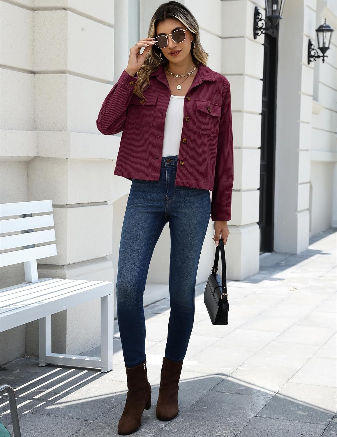 image:imageZeagoo Womens Fashion Cropped Jacket Corduroy Button Down Long Sleeve CoatsBurgundy