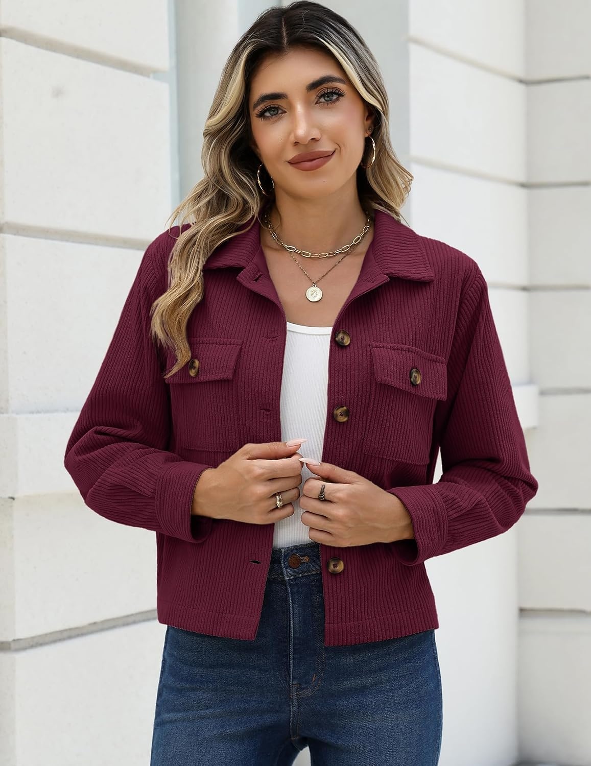 image:imageZeagoo Womens Fashion Cropped Jacket Corduroy Button Down Long Sleeve CoatsBurgundy