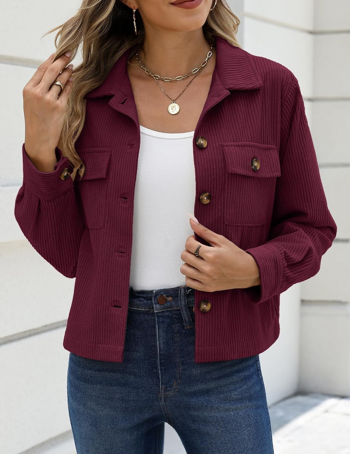 image:imageZeagoo Womens Fashion Cropped Jacket Corduroy Button Down Long Sleeve CoatsBurgundy