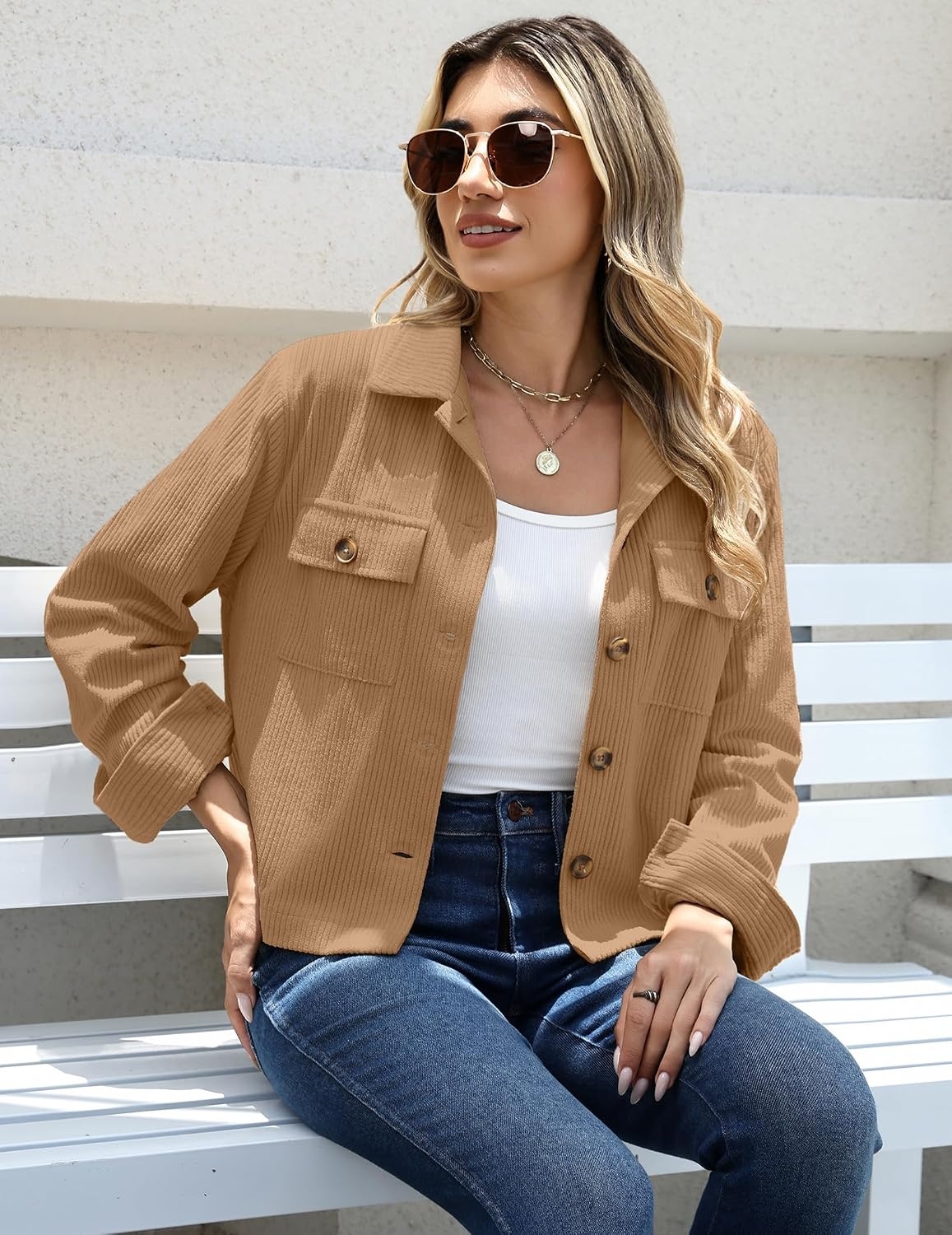 image:imageZeagoo Womens Fashion Cropped Jacket Corduroy Button Down Long Sleeve CoatsCamel