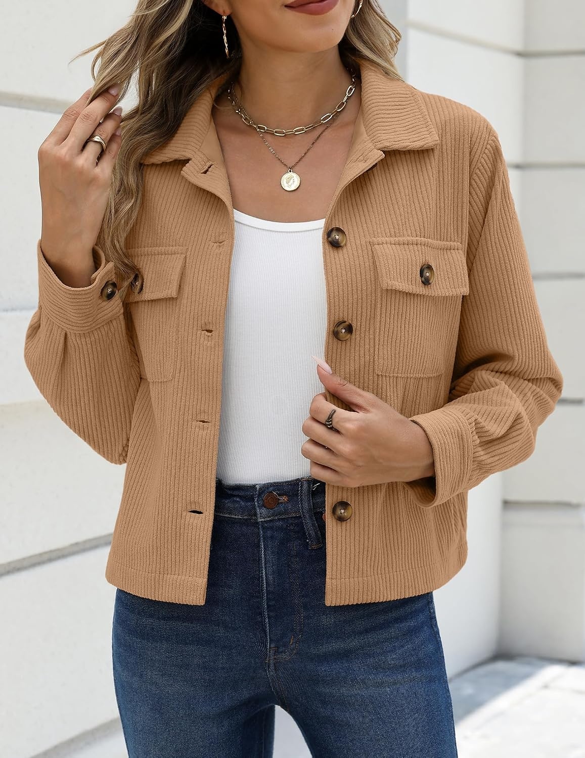 image:imageZeagoo Womens Fashion Cropped Jacket Corduroy Button Down Long Sleeve CoatsCamel