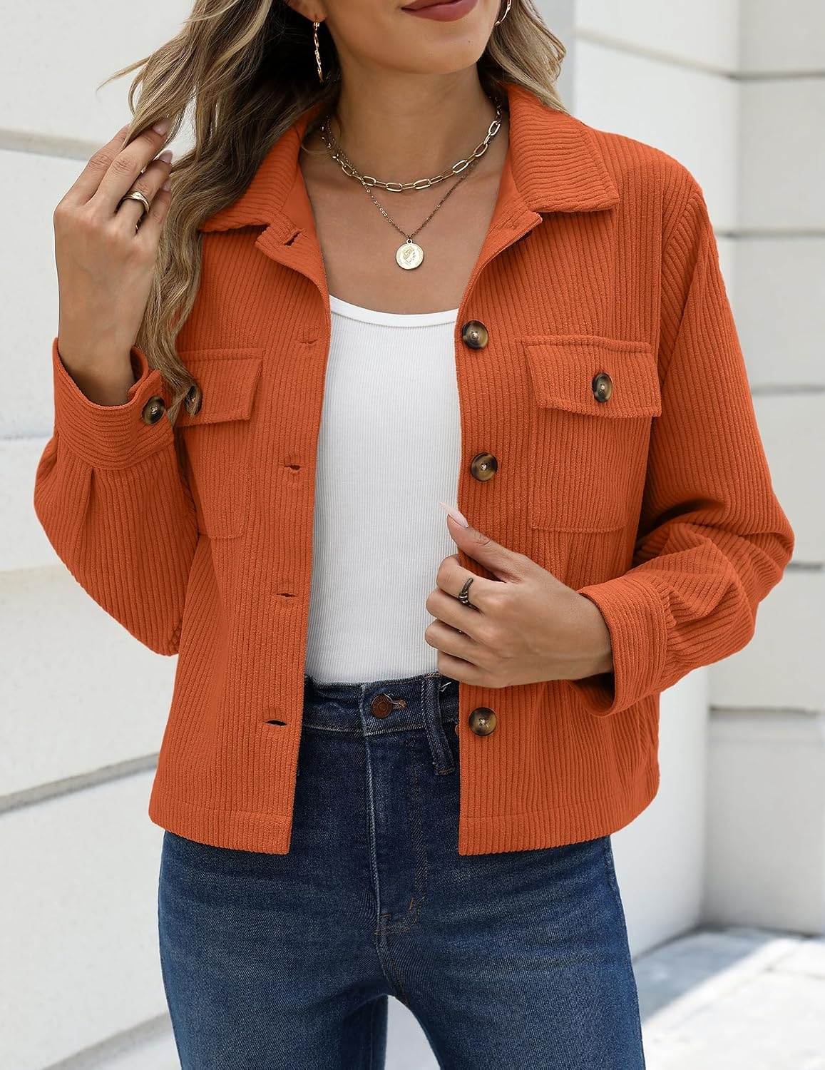image:imageZeagoo Womens Fashion Cropped Jacket Corduroy Button Down Long Sleeve CoatsCaramel
