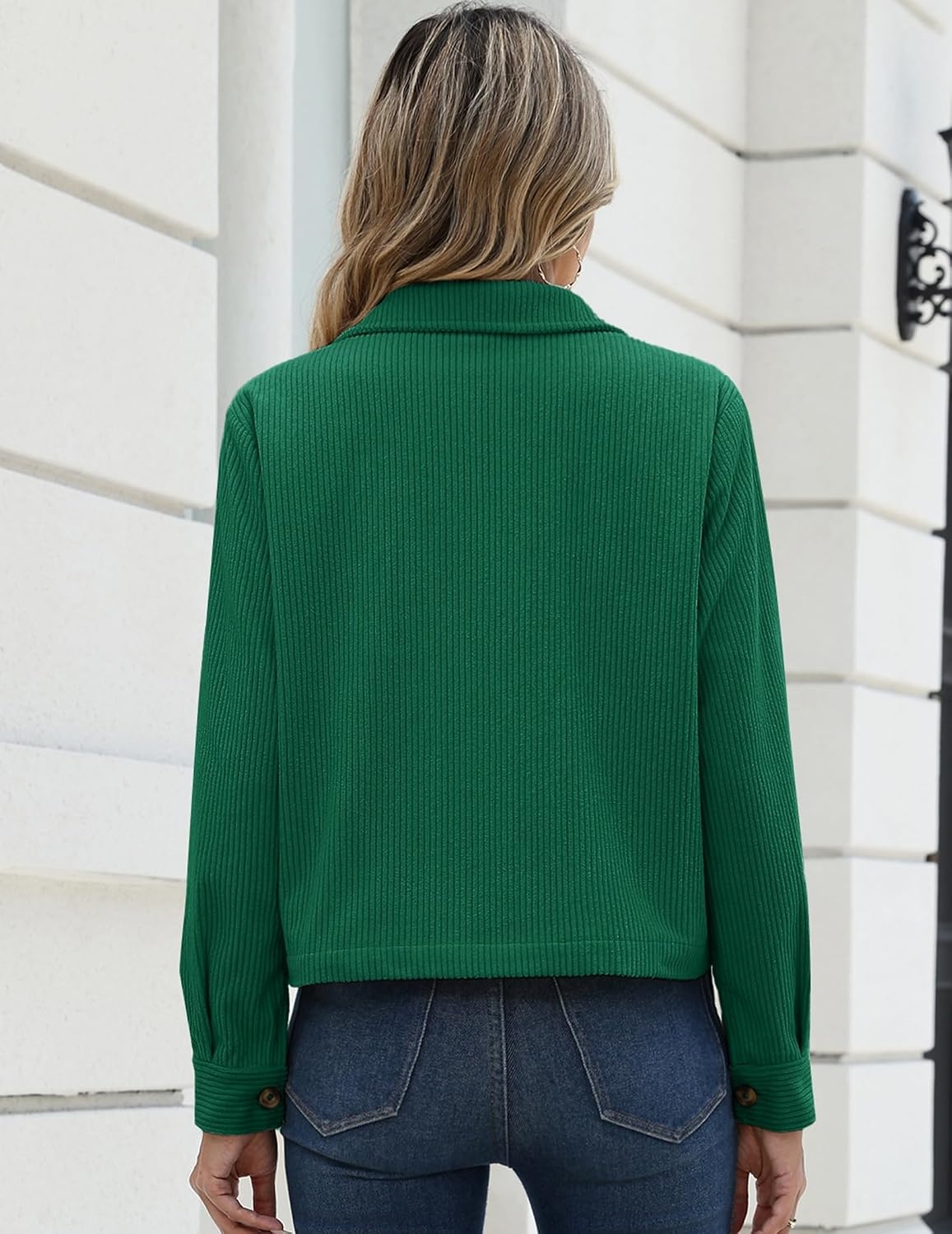 image:imageZeagoo Womens Fashion Cropped Jacket Corduroy Button Down Long Sleeve CoatsDark Green