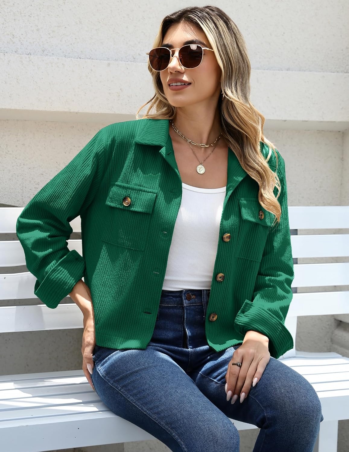 image:imageZeagoo Womens Fashion Cropped Jacket Corduroy Button Down Long Sleeve CoatsDark Green